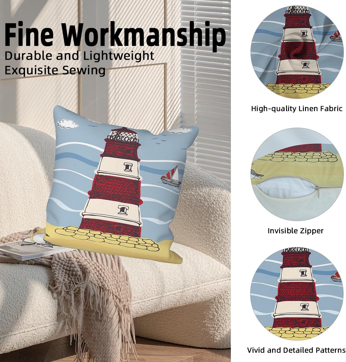 4 Pcs/Set Beach Throw Pillow Covers Summer Coastal Lighthouses Sailboat Loungers Minimalist Cold Seaside Holiday Linen Body Pillow Cover for Sofa Bedroom Patio Decorative, 20"x20"