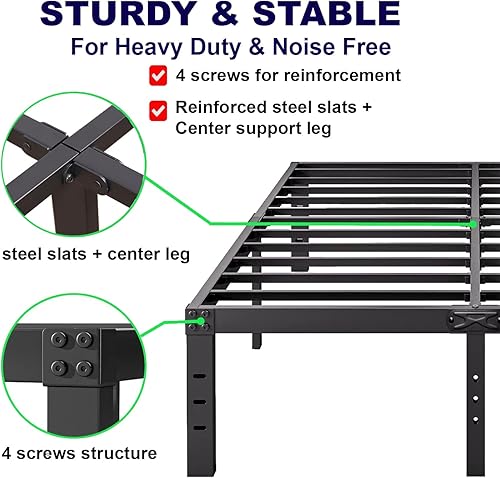 Miniatura 5 de Base de cama tamaño Queen de 14 pulgadas de alto, plataforma de metal para niños y niñas, soporte resistente, no necesita somier, fácil montaje, sin