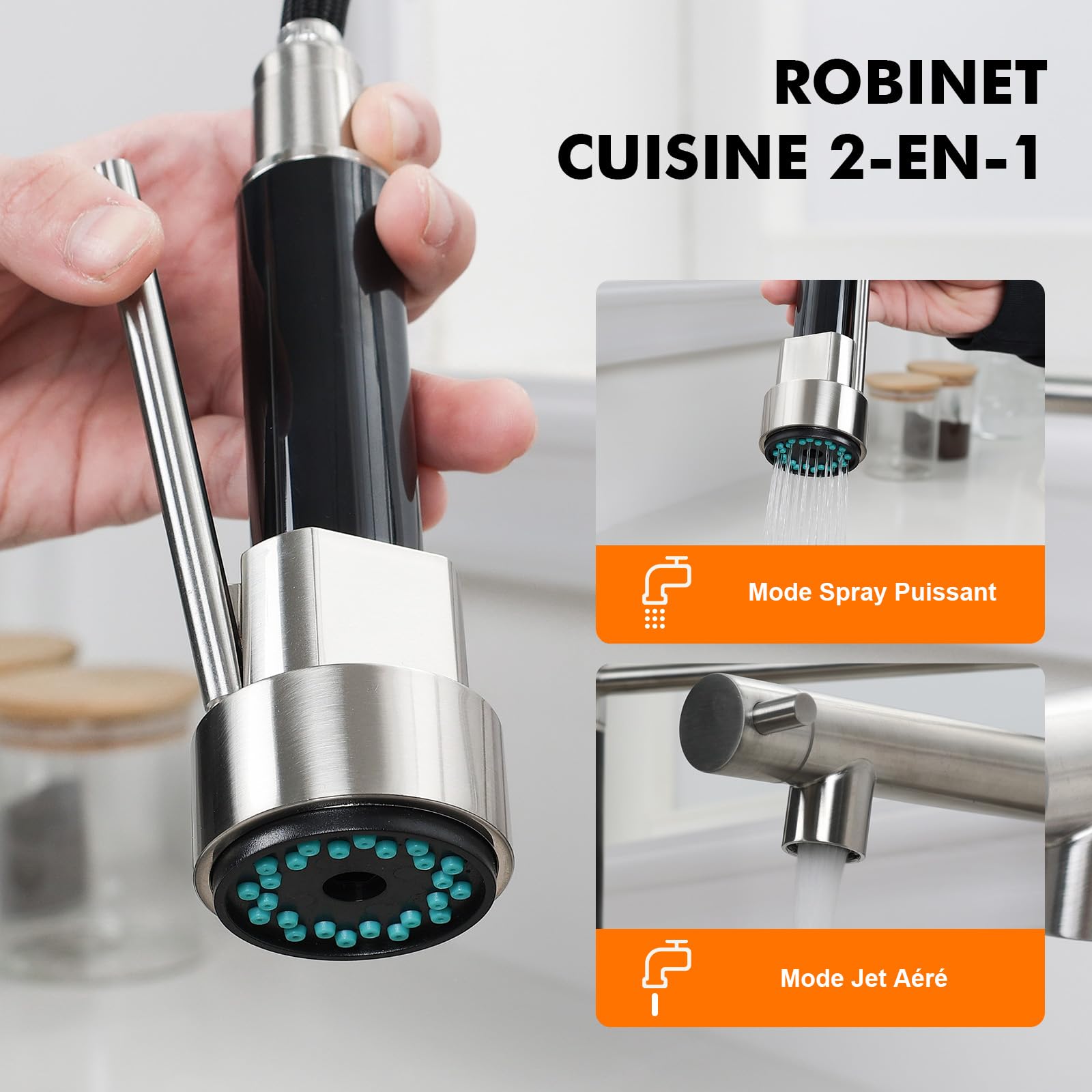 Ibergrif Mitigeur Robinet Cuisine avec Douchette 2 Jets 360° Pivotant, Double Bec Professionnel, Acier Inox