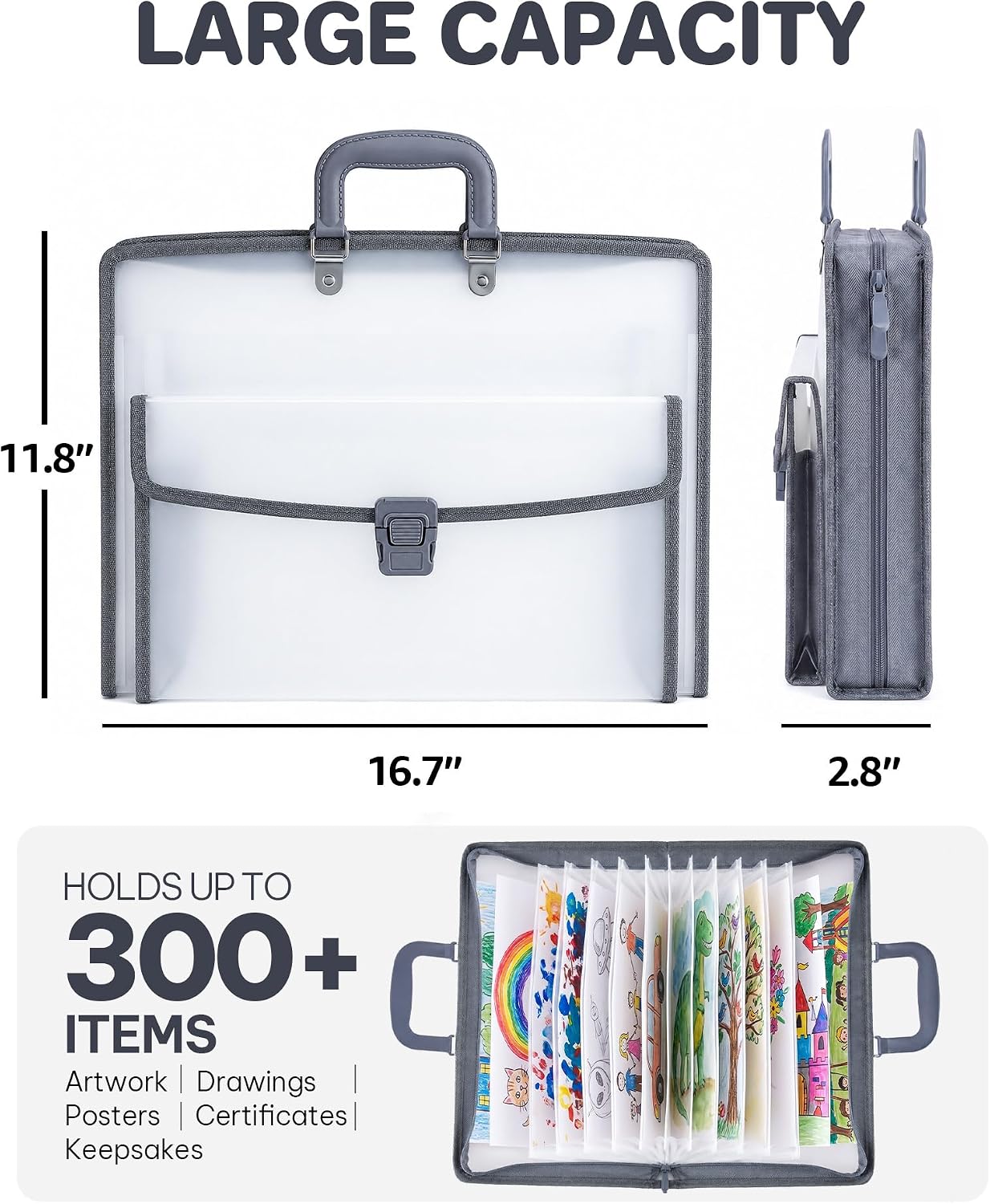 FANGSUN 11"x16" Art Portfolio, Portable Artwork Storage Organizer with 13 Compartments and Front Pocket for Projects, Drawings, Posters, Certificates and Keepsakes