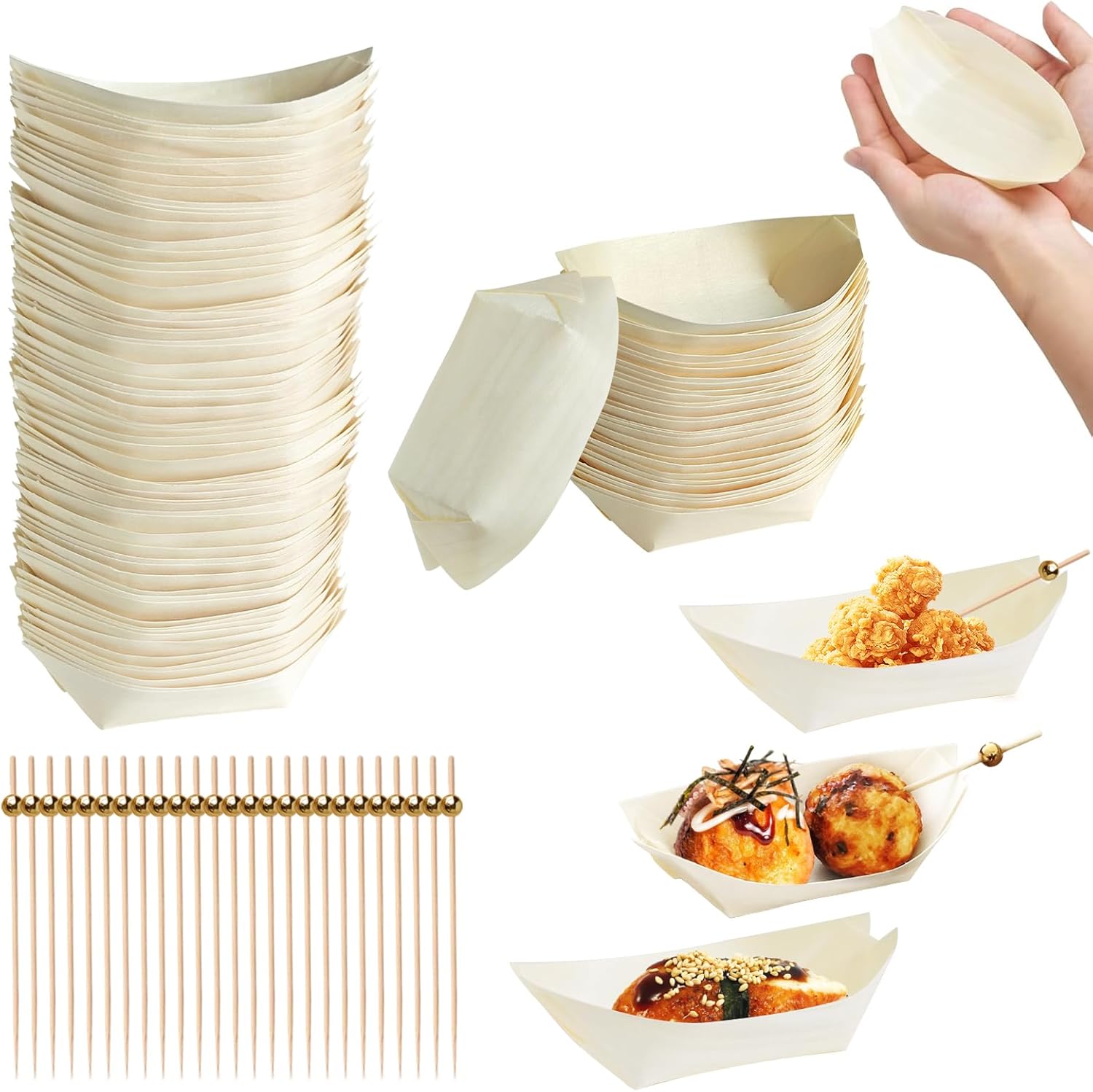 500 PCS Disposable Boat Food Trays with Cocktail Picks, 4 Inch Wooden Disposable Plates, Wood Boat Plates Dishes, Small Appetizer Food Boat, Sushi Serving Tray for Food Catering Party Picnic