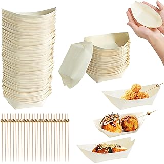 500 PCS Disposable Boat Food Trays with Cocktail Picks, 4 Inch Wooden Disposable Plates, Wood Boat Plates Dishes, Small Appetizer Food Boat, Sushi Serving Tray for Food Catering Party Picnic