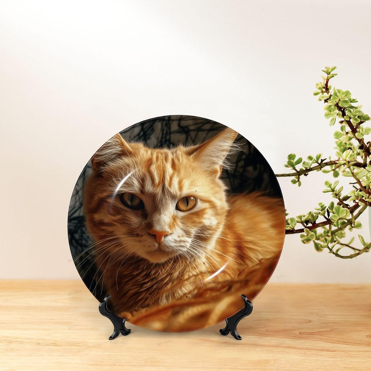 Bone China Decorative Plate with Display Orange Kitten Ceramic Plates Crafts Art Decor Dessert Plate Ceramic Ornament Porcelain Plates for Living Room Kitchen Table Home Decor