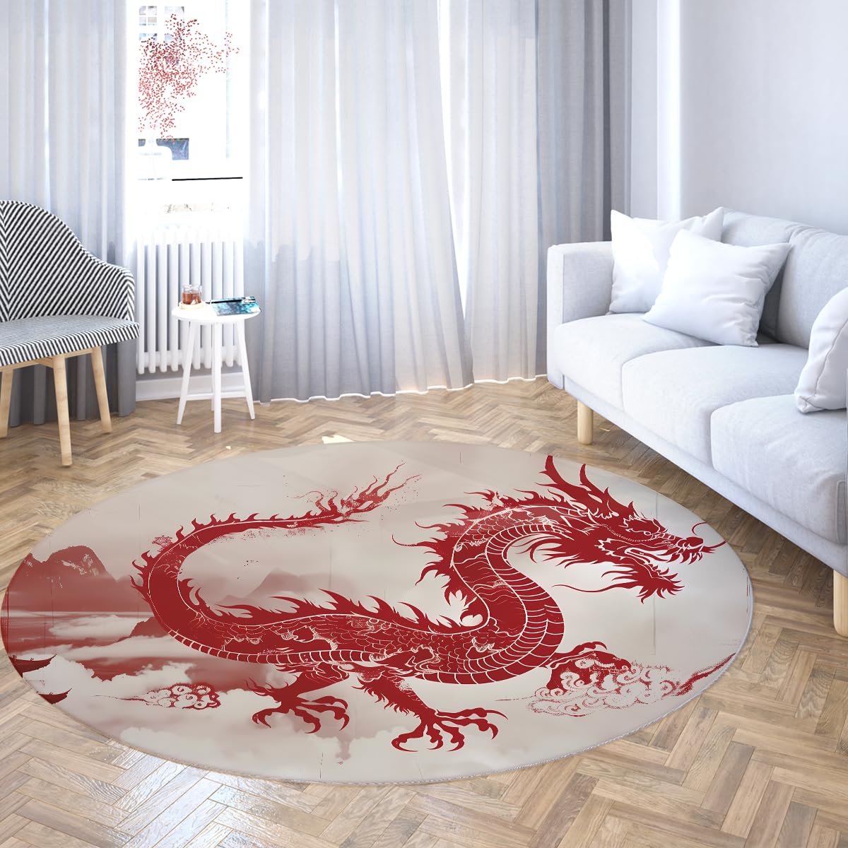 Tapis rond dragon rouge 160cm lavable et antidérapant pour salon