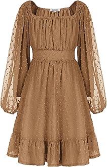 GRACE KARIN Girls Ruffle Tiered Dress Long Sleeve Swiss Dot Flowy A-Line Dress 6-14Y