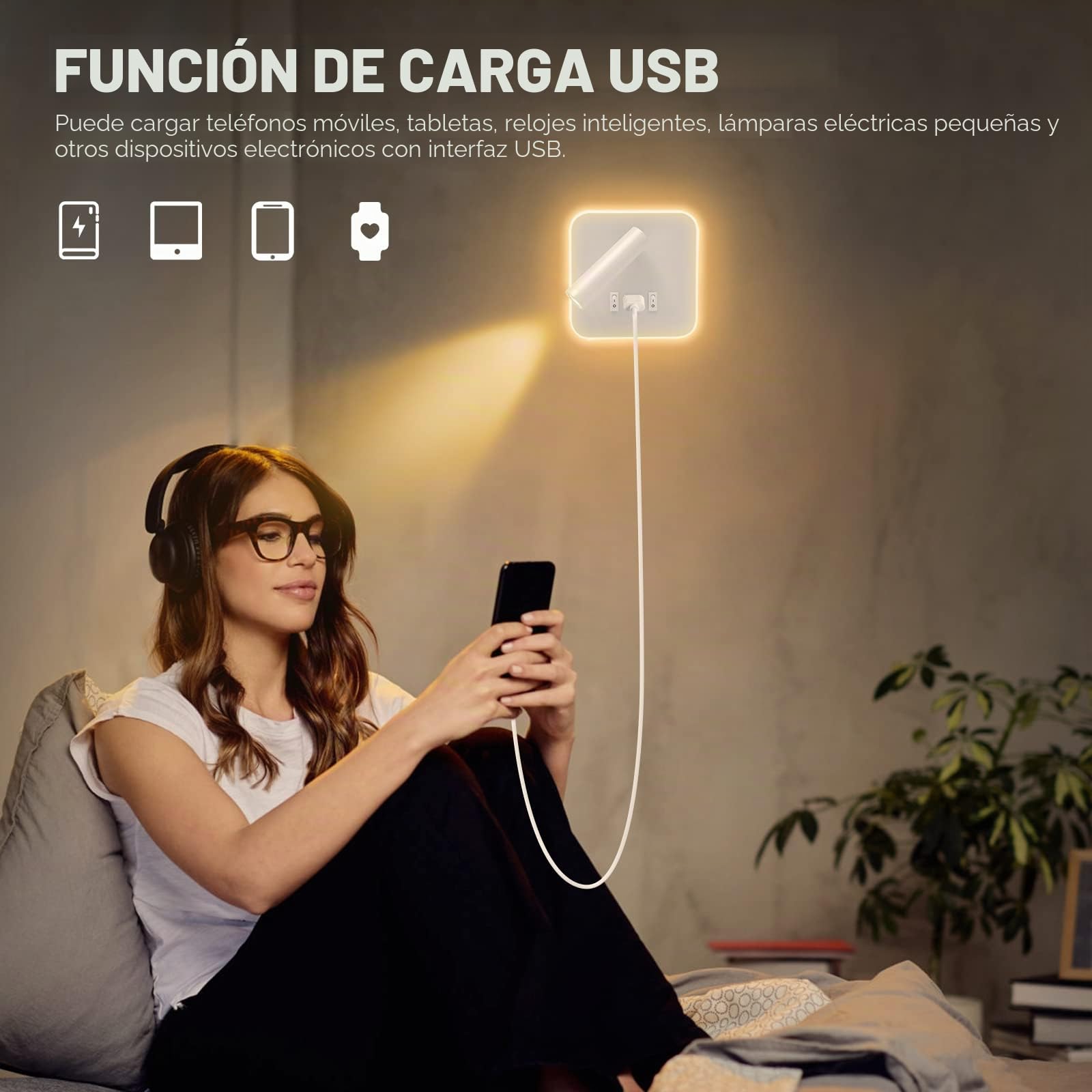 Weigudoc Lámpara de Pared LED, Luz de Lectura Junto a la Cama, Aplique de Pared Cabecera Ajustable, con Puerto de Carga USB e Interruptor, Luces de Pared de Pasillo (luz cálida 3W + 9W)(Blanco 2pcs)