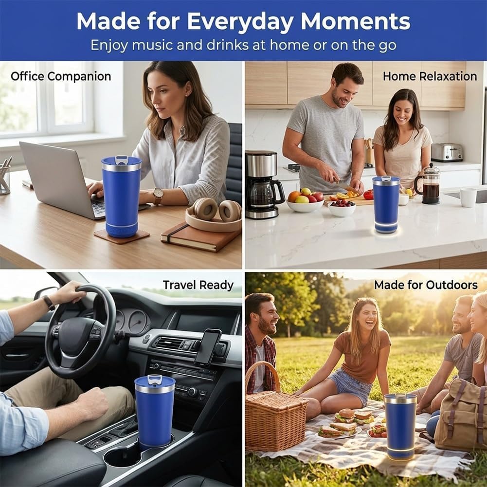 2-in-1 Bluetooth Audio Beer Mug with Bottle Opener, Stainless Steel Tumbler with Removable Wireless Speaker with LED Lights & Magnetic Lid for Party, Camping, Outdoor (Black)