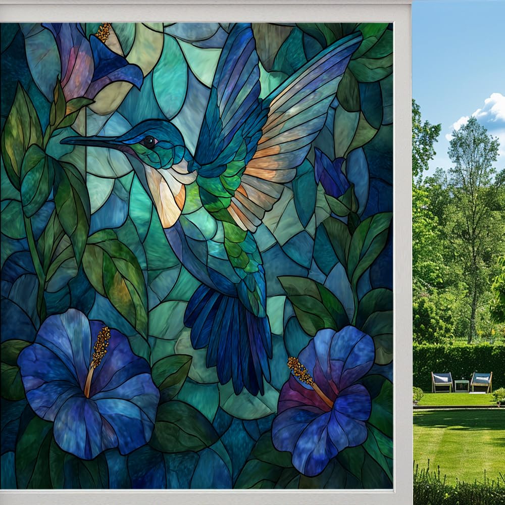 Abstract Hummingbird Frosted Window Film, Spring Nature Flower Bird Stained Glass Privacy Film, Heat Insulation Self-Adhesive Vinyl for Bathroom Office,（50x100cm）