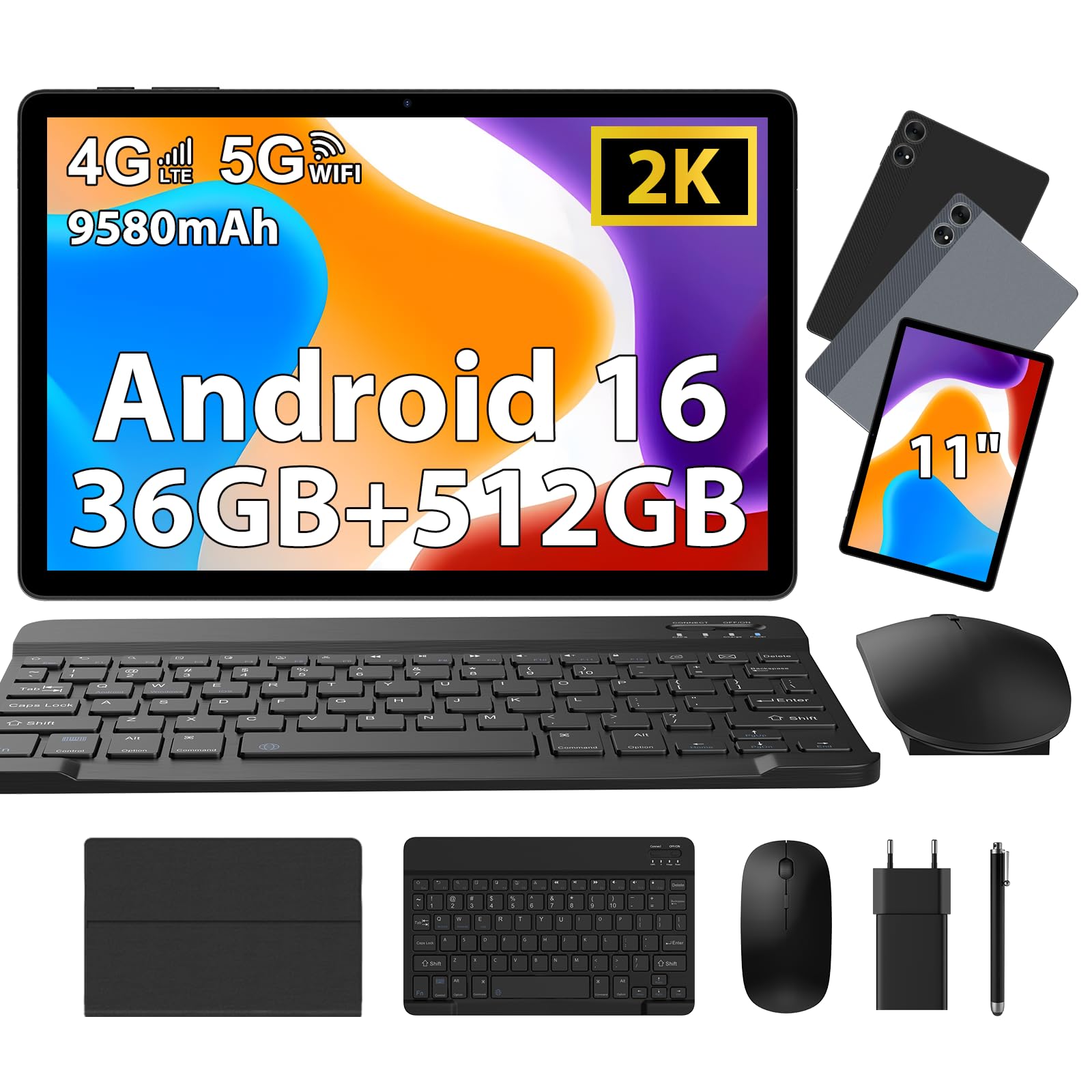 MIVASOLO Tablet 11 Inch Android 16 Tablet,4G LTE 5G WiFi,36GB RAM+512GB ROM/9580mAh/13+8MP/BT5.0,Tablets with Keyboard,Mouse,Black
