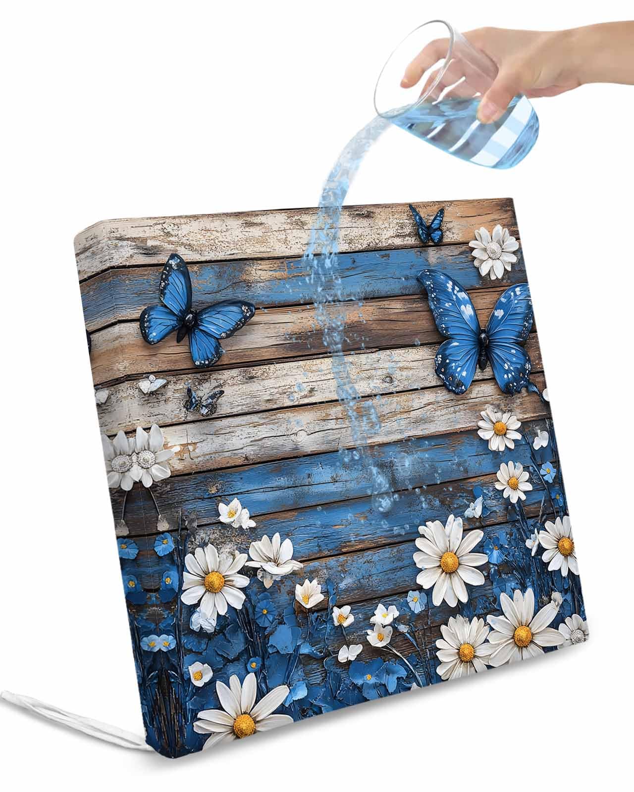 2 Pack Blue Butterfly White Daisy Waterproof Cushion Covers with Ties, Outdoor Patio Chaise Lounge Chair Seat Cushion Slip Covers Replacement(Only Cover) Vintage Botanical Wooden 20