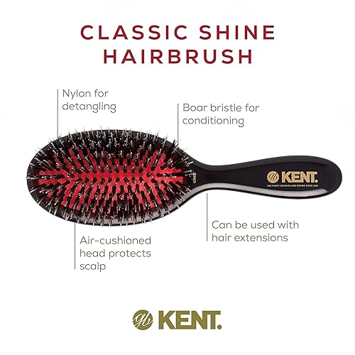 Miniatura 4 de Kent CSMS Classic Shine - Cepillo alisador de cojín ovalado pequeño, cepillo de pelo de cerdas de jabalí negro natural con plumas de nailon, cepillo