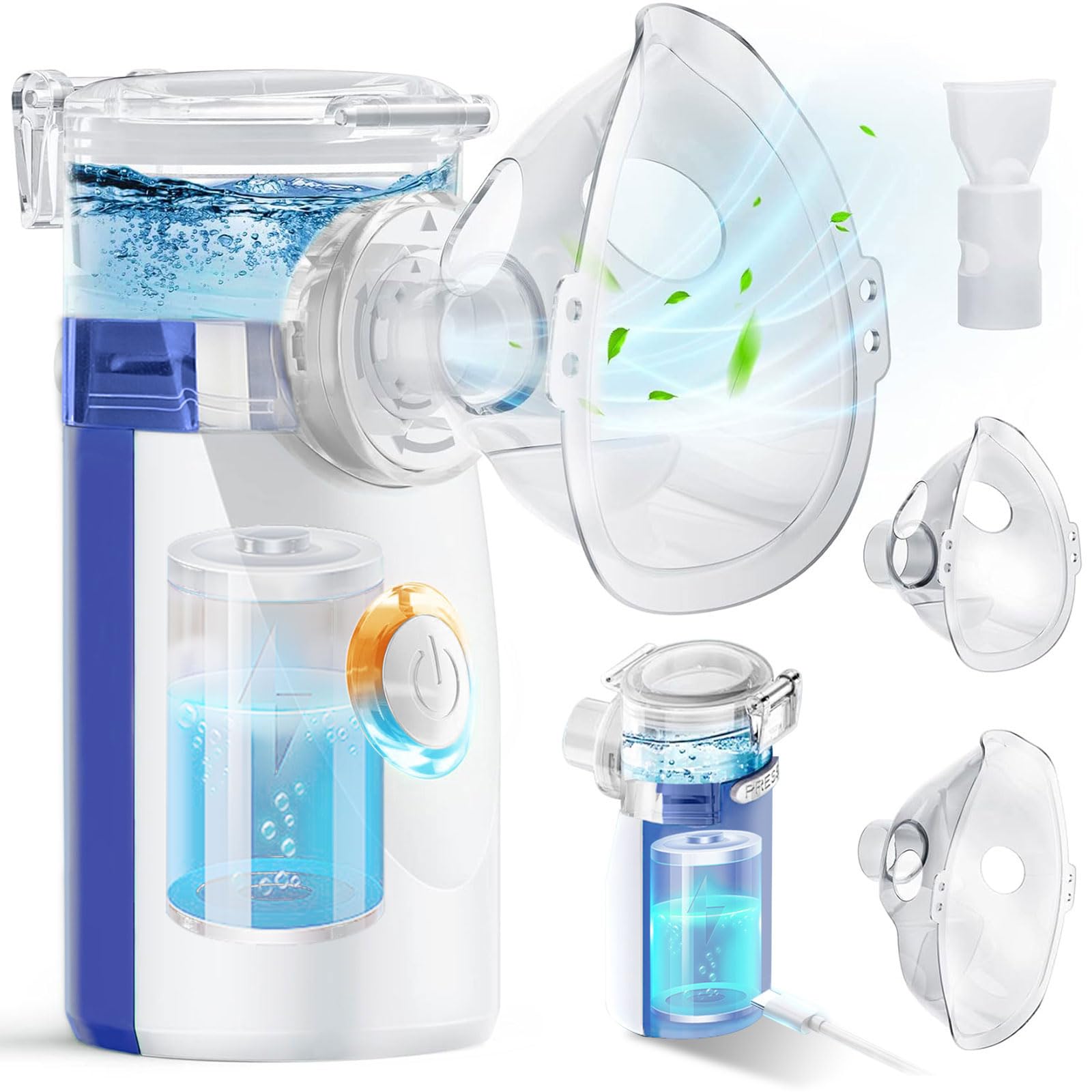 Aerosol Portatile Silenzioso, Wholede Macchina Aerosol per Adulti e Bambini, Aerosol Ultrasuoni con 2 Maschere E Boccaglio, 2 Modalità Regolabili, USB-C Ricaricabile(Blu)