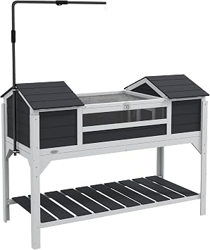 PawHut Tortoise Habitat with Adjustable Lamp Holder, Wooden Tortoise Enclosure with Storage Shelf, Dual Main Houses, Attached Tray, Openable Lid, Gray