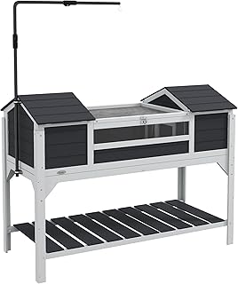 PawHut Tortoise Habitat with Adjustable Lamp Holder, Wooden Tortoise Enclosure with Storage Shelf, Dual Main Houses, Attached Tray, Openable Lid, Gray