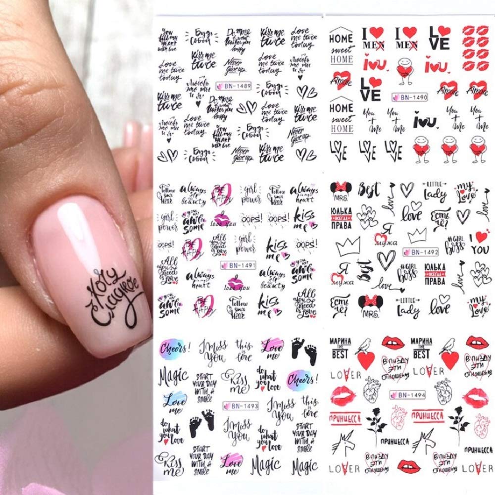 12 diseños de calcomanías de Agua, Letras Negras, Pegatinas de Transferencia para uñas, Deslizador de lámina de corazón de Amor, Arte de uñas DIY, Puntas Decorativas