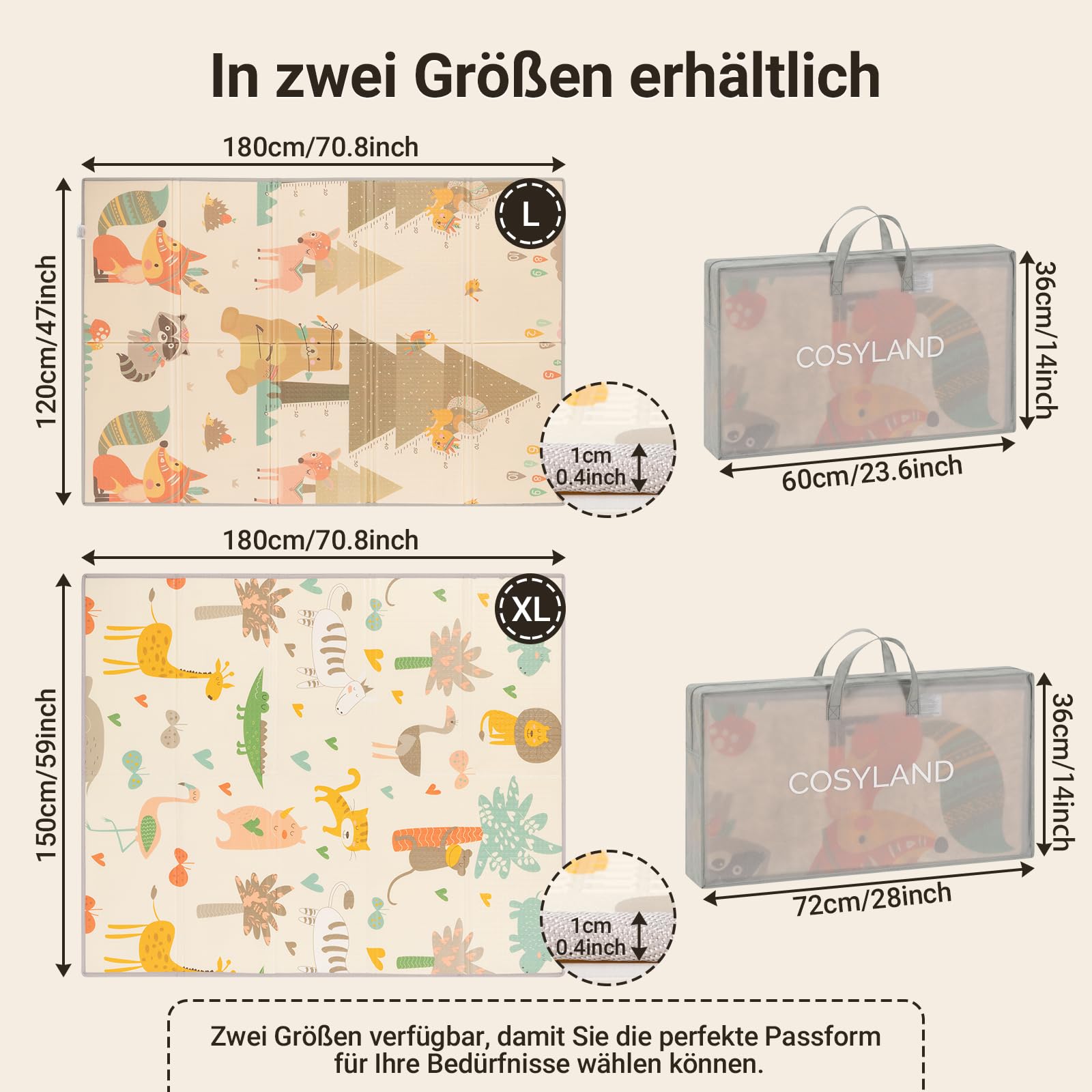 COSYLAND Krabbelmatte Baby Faltbar 120x180x1cm - Doppelseitige XPE Spielmatte Baby mit Schlafenden Tieren & Fuchs Bär Motiven, Weiche Babymatte Spielteppich für Kinder, Babygeschenk