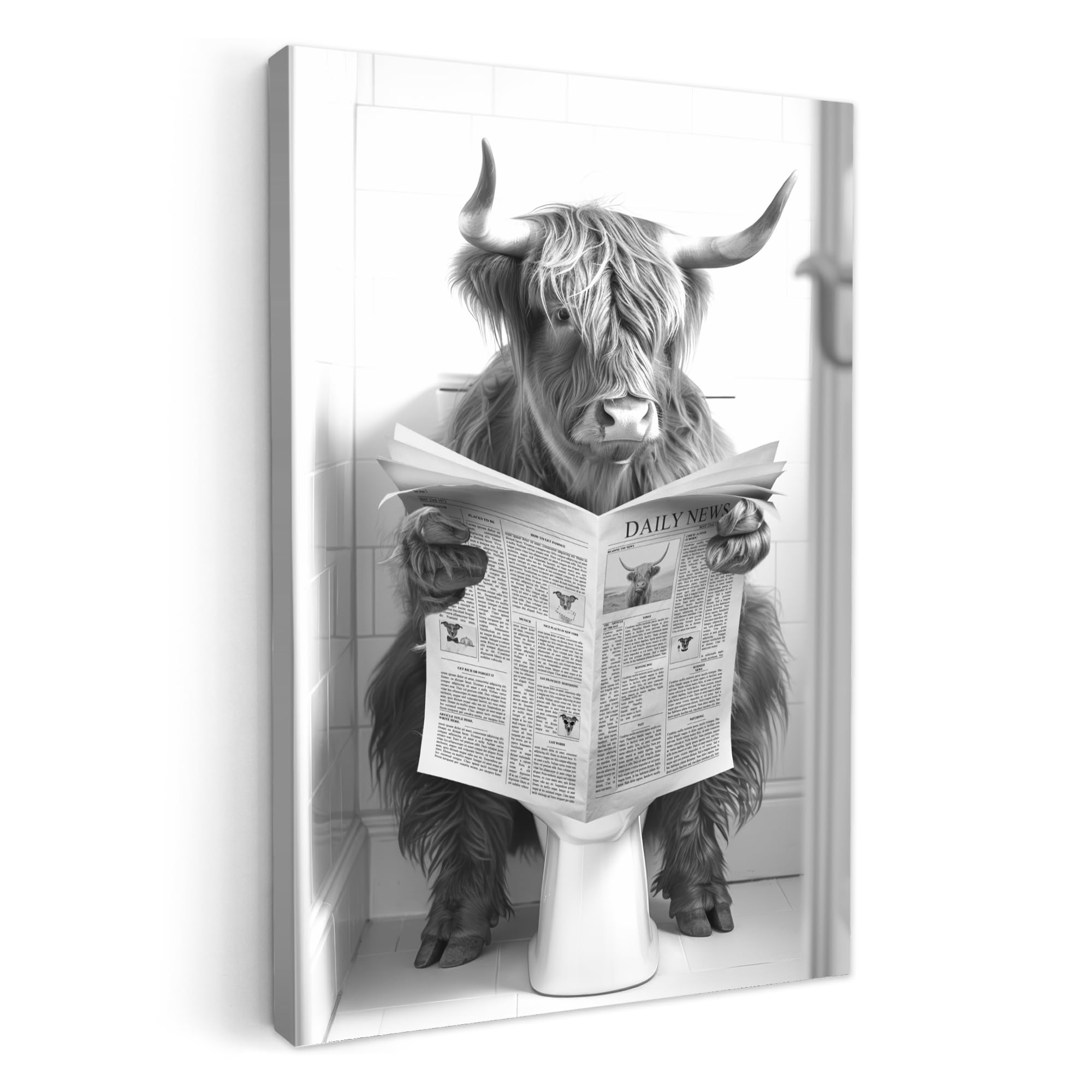 MuchoWow© Canvas Wall Art Work 40x60 cm House Decoration for Living Room Home Decor Pictures Walls Scottish Highlander - Cow - WC - Newspaper - Black and white