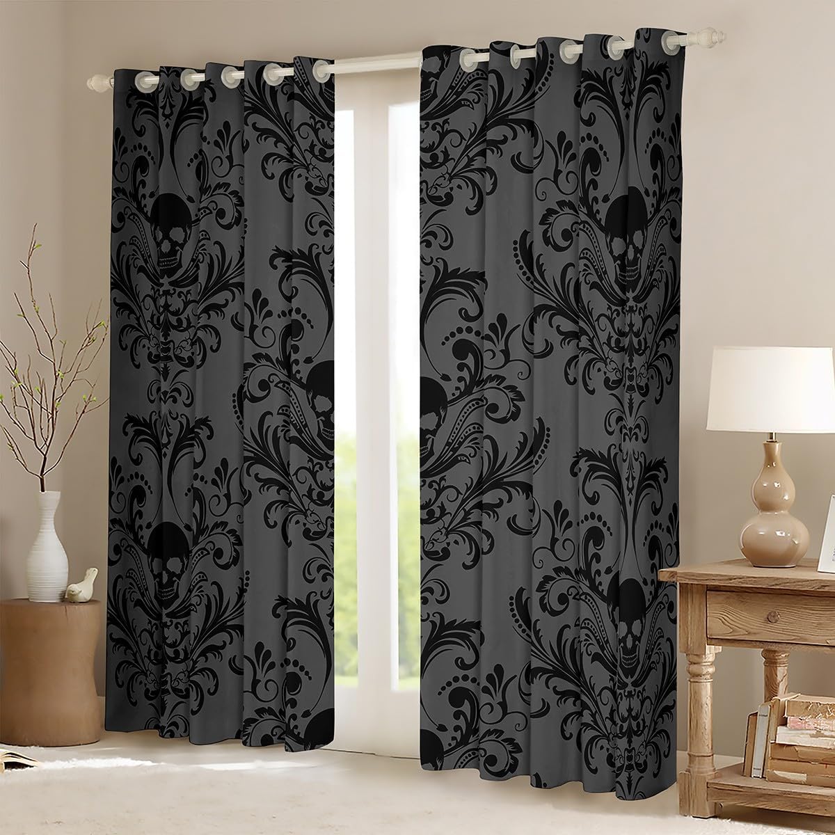 Erosebridal 3 Pieces - Gothic Black Damask Themed 1 Shower Curtain + 2 Window Curtains