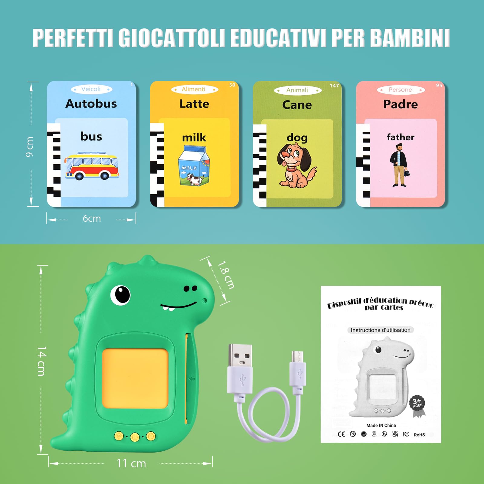 Talking Flash Cards Schede Flash Cards Parlanti Flash Cards Flash Cards Bambini Giocattoli Educativi per Bambini 2 3 4 5 6 Anni Autismo Giochi Regali di Compleanno Giochi Montessori(Verde Italiano)