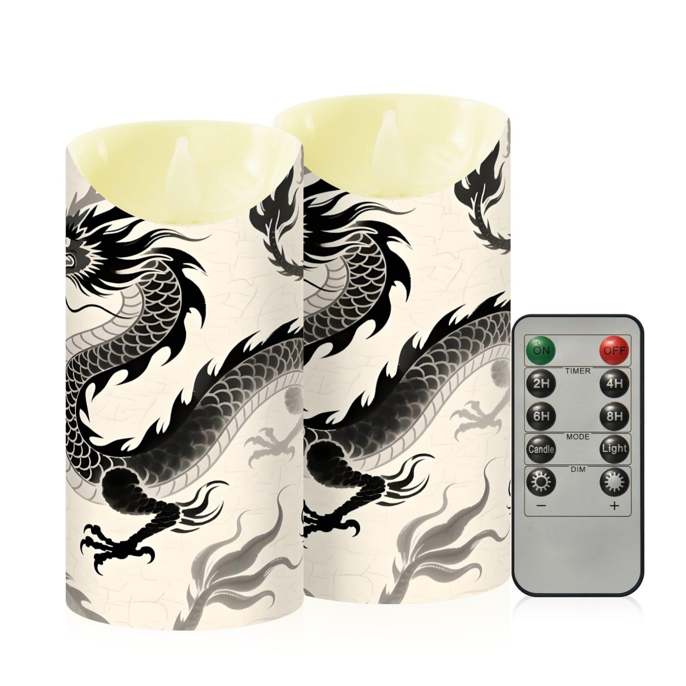 Kutsu Chinese Art Dragon Flameless Candles Set of 2, Battery Operated LED Flickering Candles with Remote and Timer, Plastic Pillar Candles for Home Wedding Decor