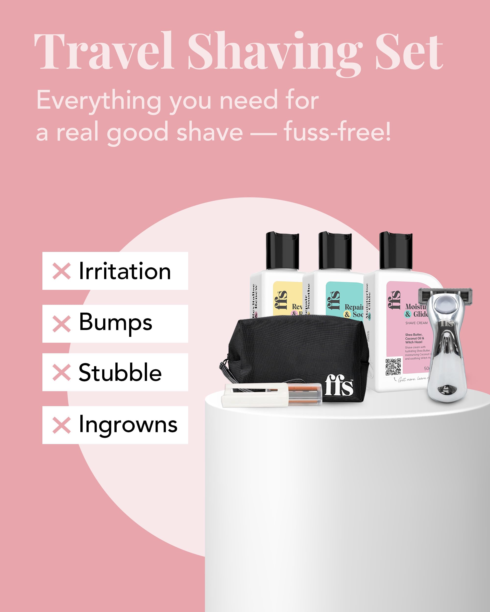 FFS Beauty - Set da barba da donna, con rasoio da viaggio argentato, custodia da viaggio, crema da barba, scrub per il corpo e crema per il corpo, kit da viaggio per pelli sensibili