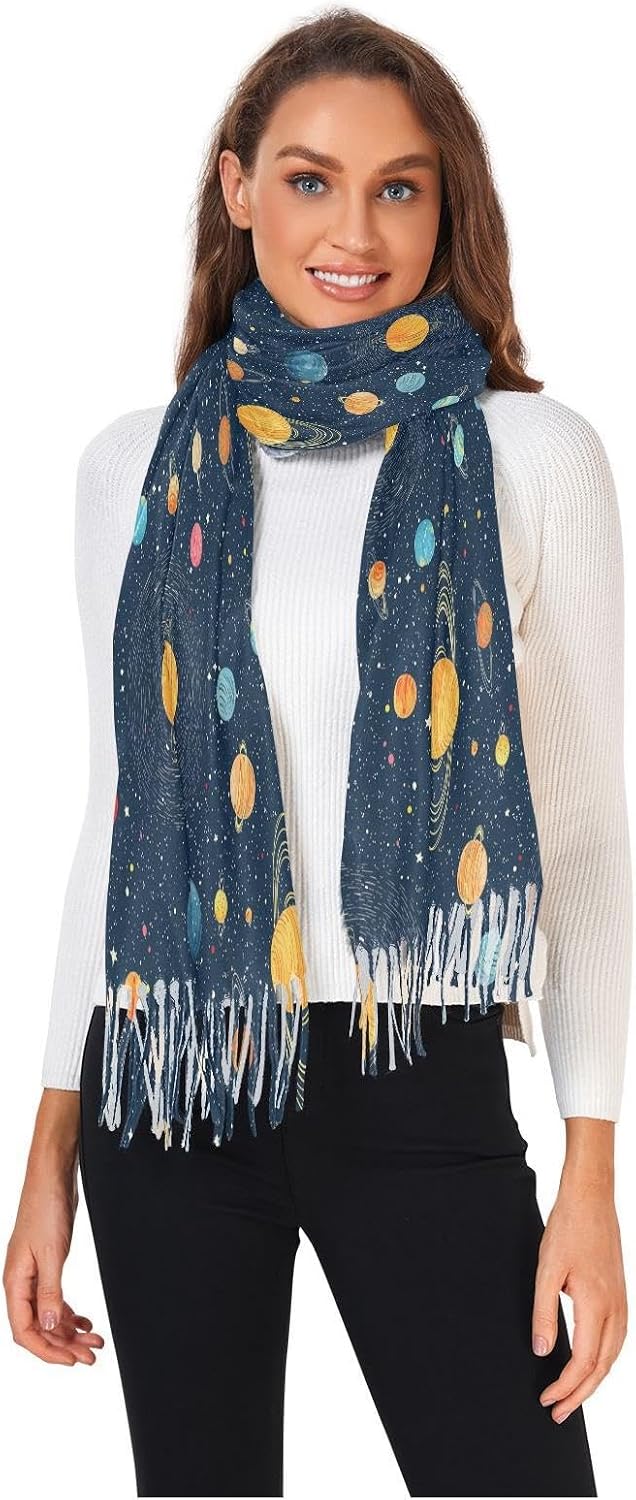 Winter Scarf for Women Universe Planet Fashion Tassel Shawl Wraps for Women, Cold Weather Warm Womens Scarves Soft Long Scarf Gifts