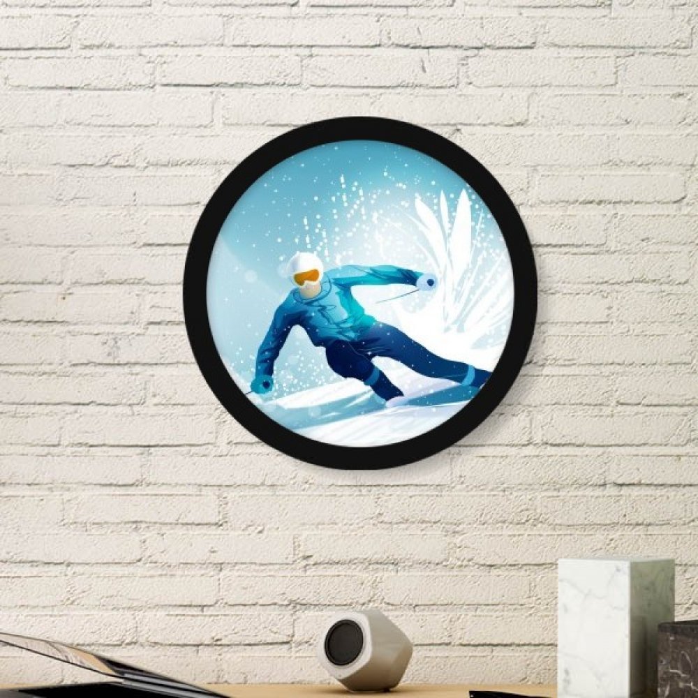 Skis et bâton de ski image ronde avec cadre noir minimaliste pour petit espace mural