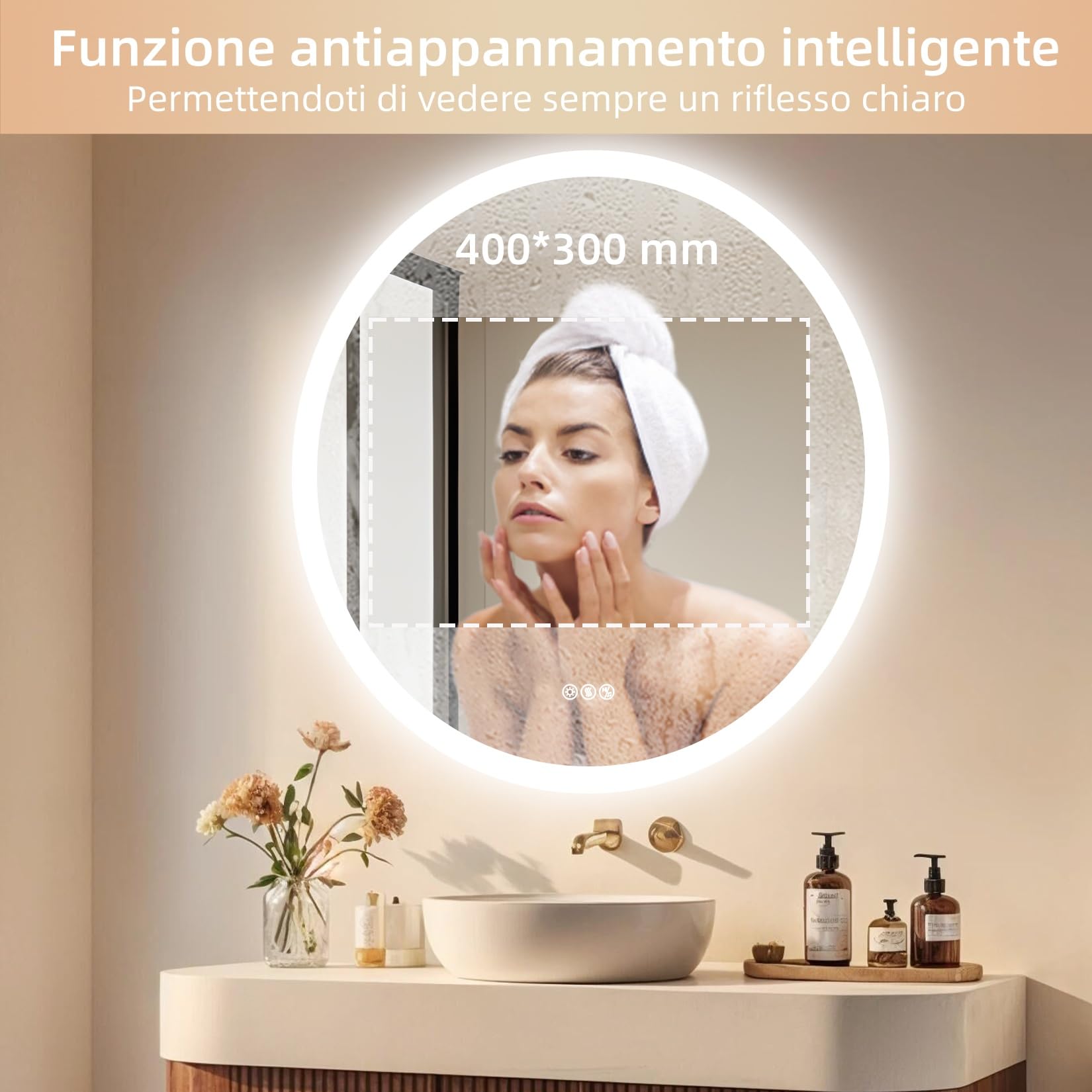 LUVODI Bluetooth 80cm Specchio Bagno Led Luce Rotondo Antiappannamento 3000K-6000K Dimmerabile 3 Colori Luce Funzione Memoria Specchio in Resina Specchio Retroilluminato Bagno