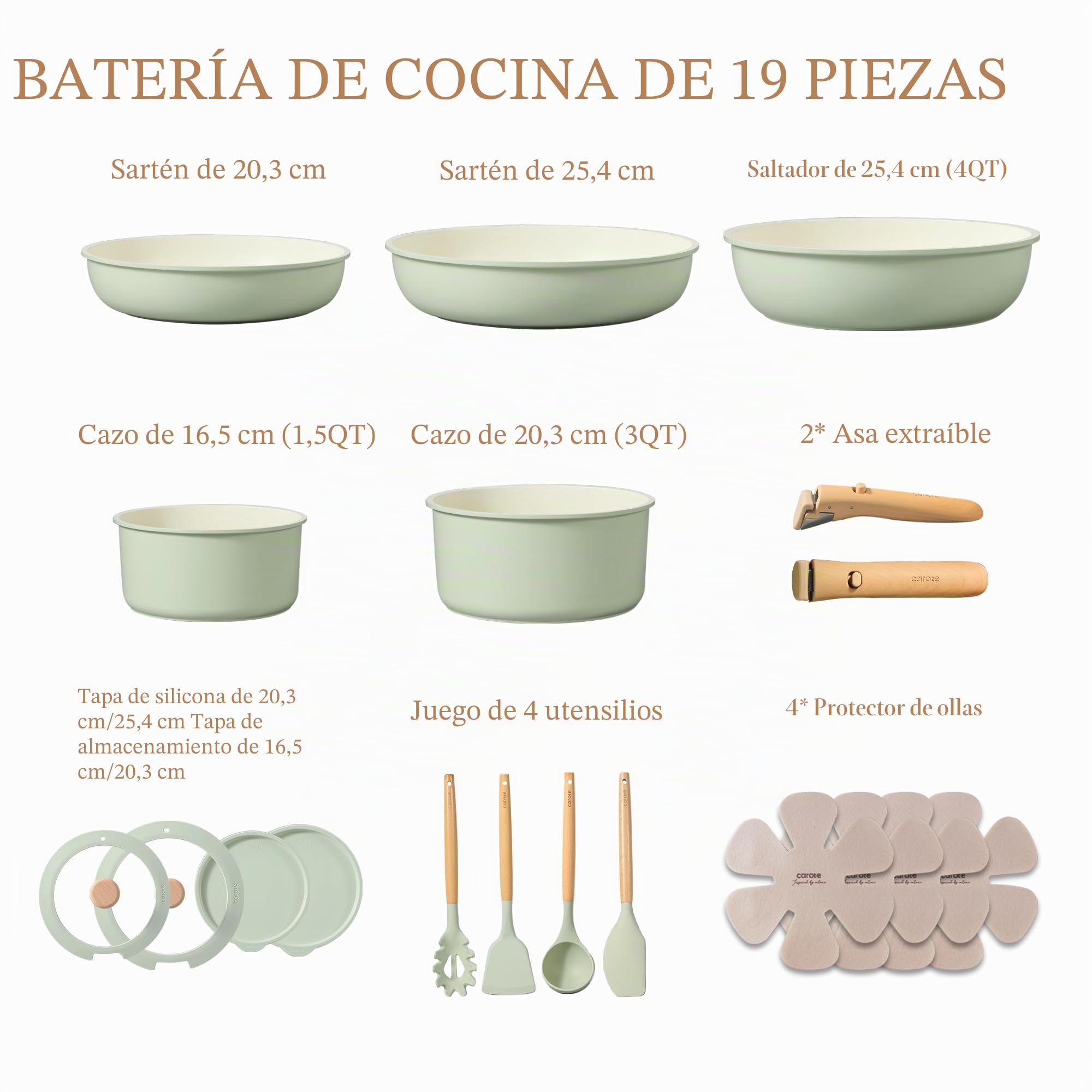CAROTE Juego de ollas y sartenes, juego de utensilios de cocina antiadherentes con mango desmontable, 19 piezas de utensilios de cocina de inducción antiadherentes con mango extraíble, juego de