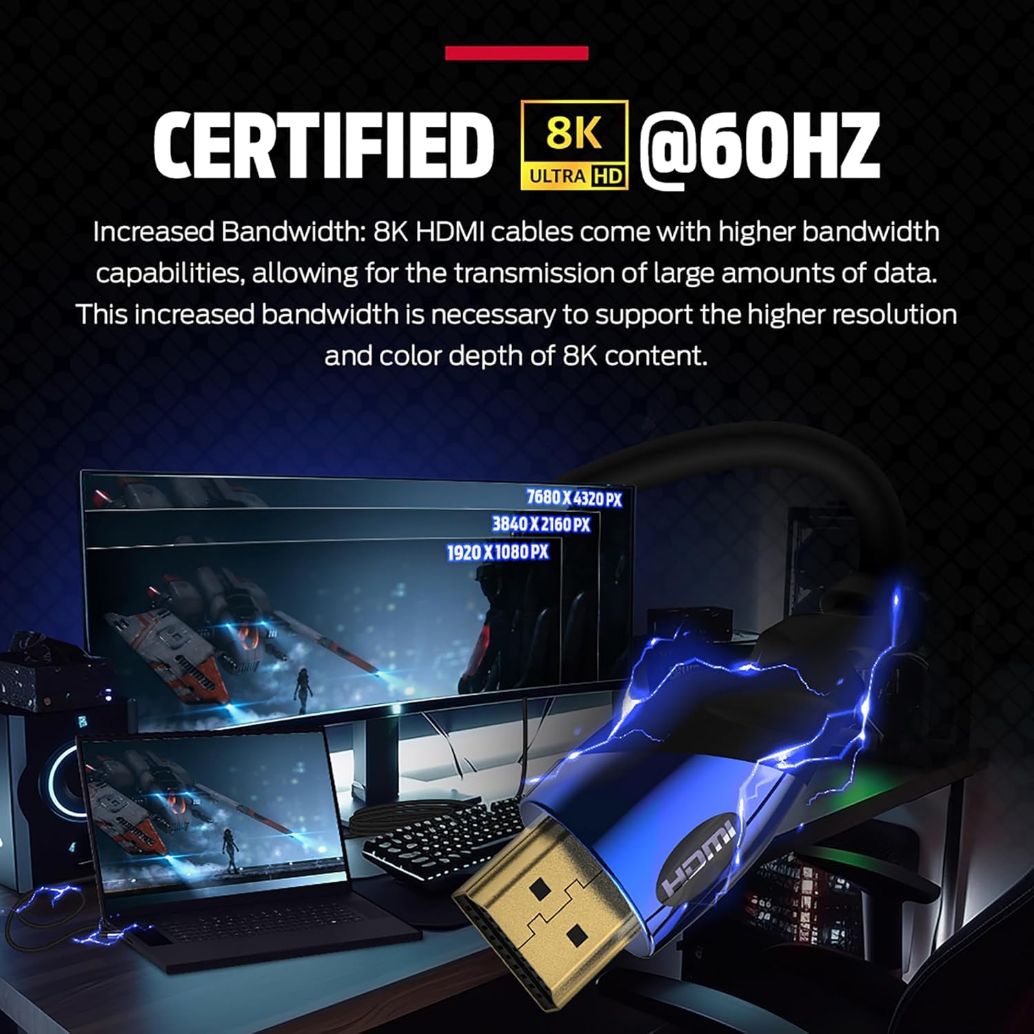 Monster Cable HDMI 8K — X Box Series X y PlayStation 5 HDMI Cable con contactos de oro de 24 K y agarre en V, velocidad de 48 Gbps, frecuencia de actualización de 60/120 Hz, HDR dinámico y eARC para