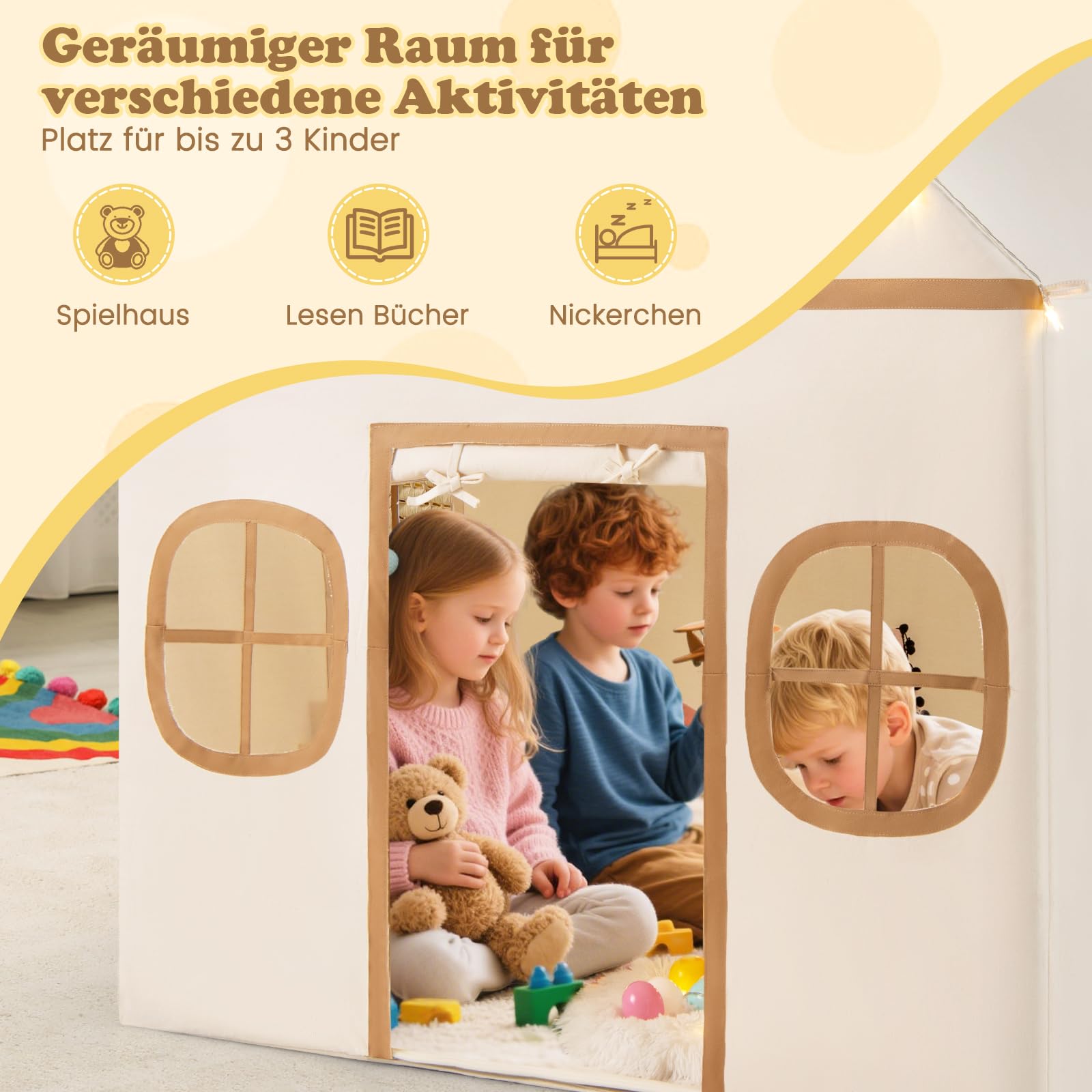 COSTWAY Spielhaus Kinder Indoor, Kinderzelt mit Sternlichter & Gepolsterte Matte, Spielzelt mit Türvorhang & Fenstern, Kinderspielhaus für Jungen & Mädchen ab 3 Jahren (Beige)