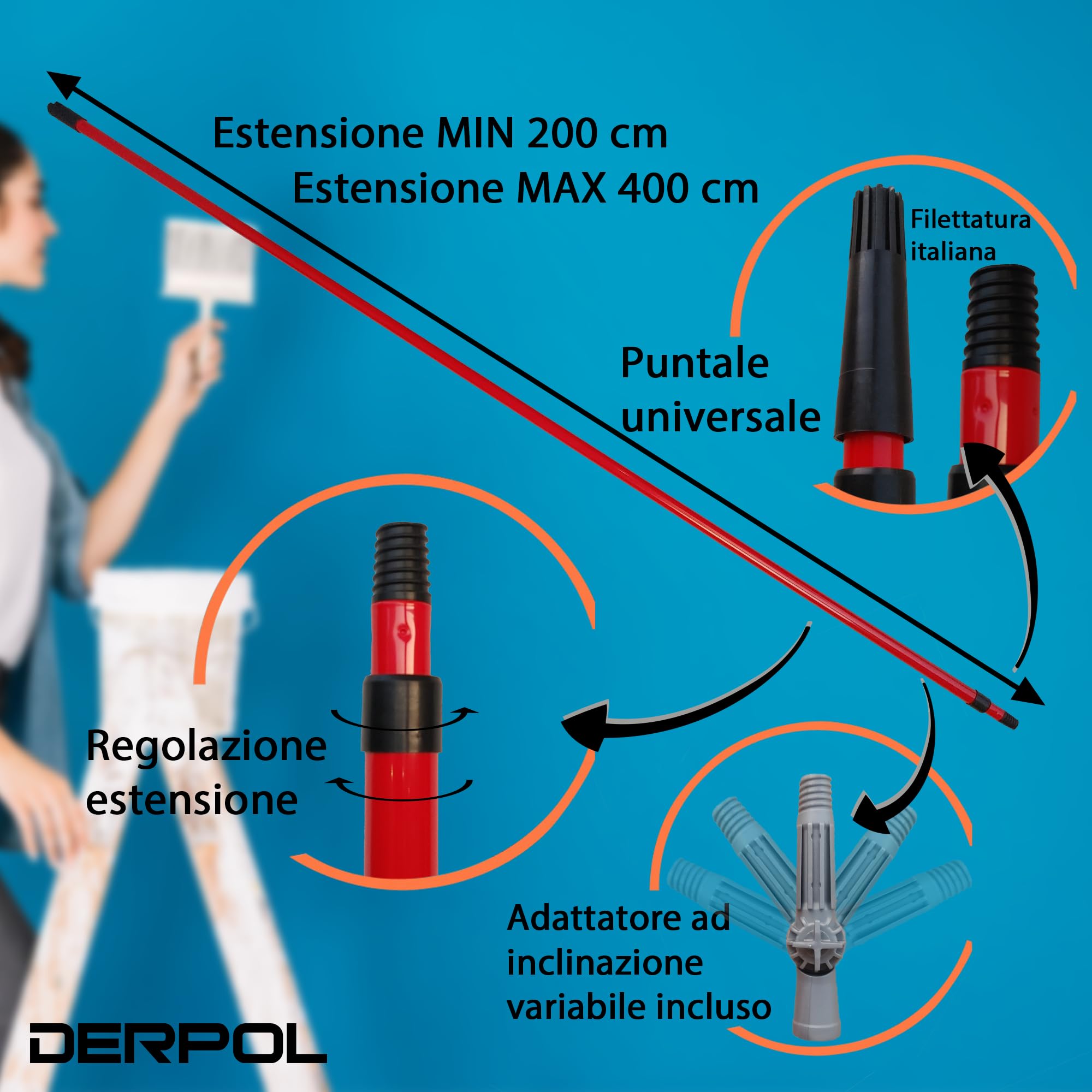Pertique rouleau peinture extensible 4,50 m tige extensible universelle pour nettoyer - araignée - élagueuse - pointe à inclinaison réglable, Bleu, 1,80-4,50m