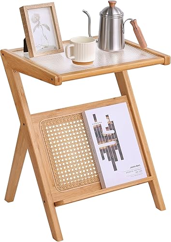 LITA Mesa auxiliar de ratán, mesa auxiliar de mediados de siglo, moderna mesa de noche de bambú con estante para revistero, mesa de madera bohemia