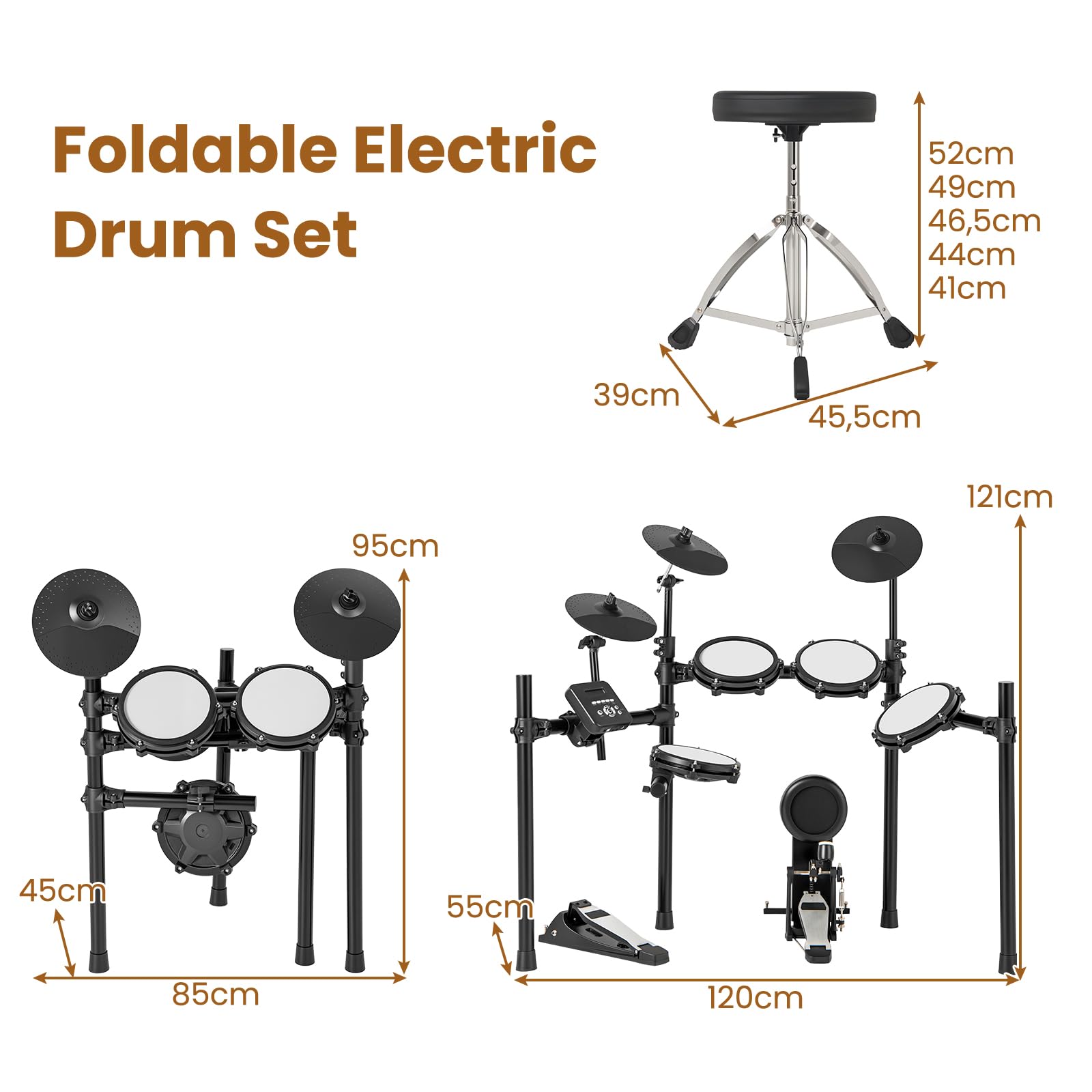 KOMFOTTEU Batteria Elettronica Pieghevole, Batteria Elettrica con 225 Suoni, 15 Combinazioni di Batteria, 30 Canzoni, 9 Metronomi e Midi, Strumento Musicale con Sgabello Regolabile e Cuffie