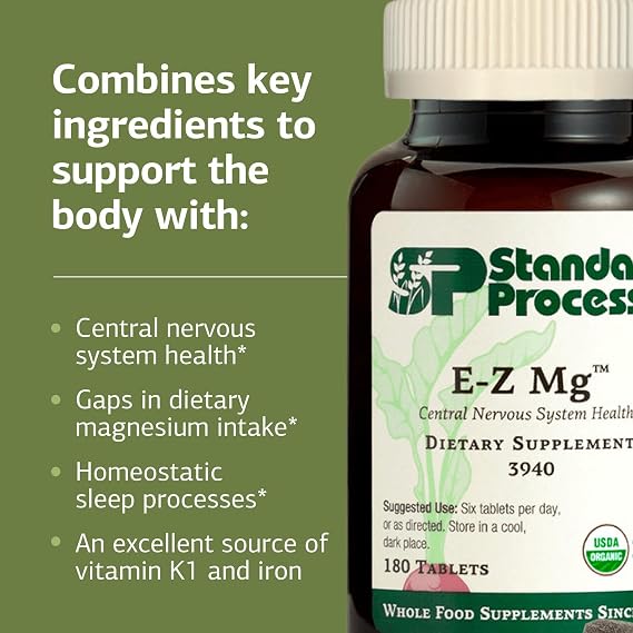 Standard Process E-Z Mg - Central Nervous System Health Supplement - Contains Magnesium, Iron & Vitamin K1 - Aids Sleep Pathways - Gluten-Free, Non-Dairy & Non-Soy - 180 Tablets (30 Servings)