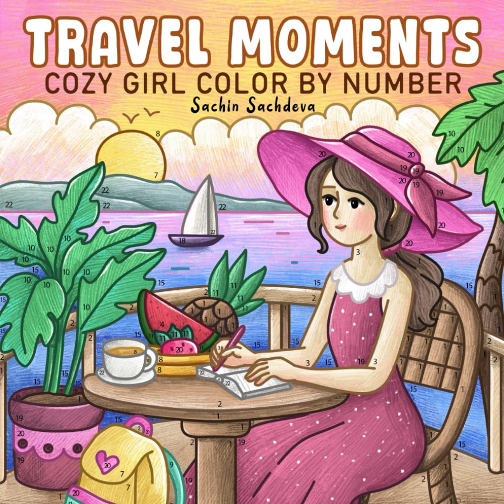Travel Moments Color by Number: A Relaxing Cozy Girl Coloring Book for Adults, Women and Teens with Vacation Scenes for Stress Relief
