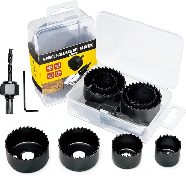 KATA 6PCS Hole Saw Kit 1-1/4" to 2-1/8"(32-54mm) Hole Saw Set in Case with Mandrels and Hex Key for Soft Wood, PVC Board, Plywood