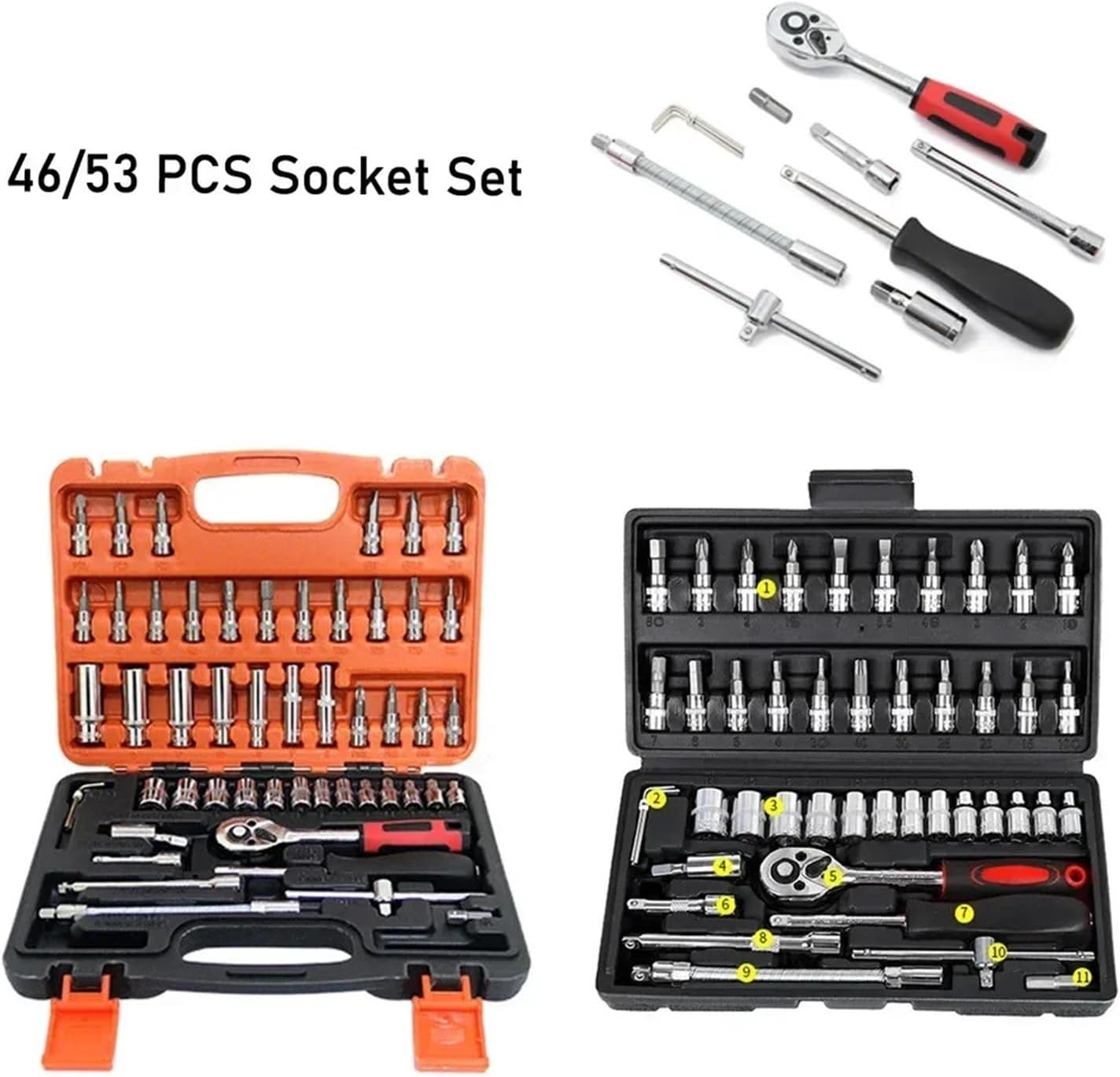 Car Repair Tool Kit 46/53 Piece/Set 1/4-Inch Socket Set Car Repair Tool Ratchet Torque Wrench Combo Auto Repairing Tool Set(46 PCS Black)