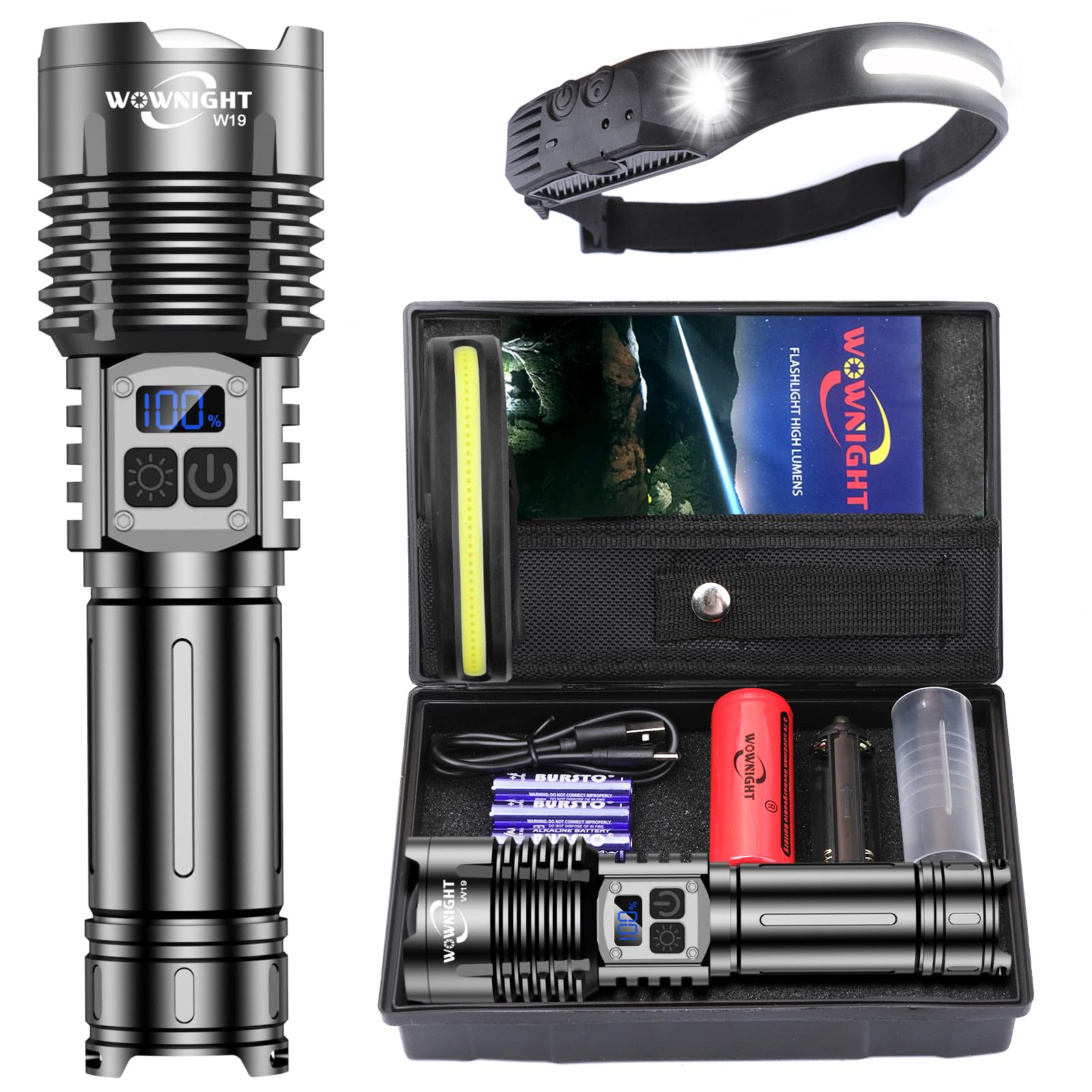 WOWNIGHT Torcia LED Potente Professionale 1000000 Lumens, 50W 2 Interruttori Torcia LED Ricaricabile, IPX6 Torcia Potente Tattica Militare, Infinitamente Dimmerabile Per Campeggio Trekking Emergenza
