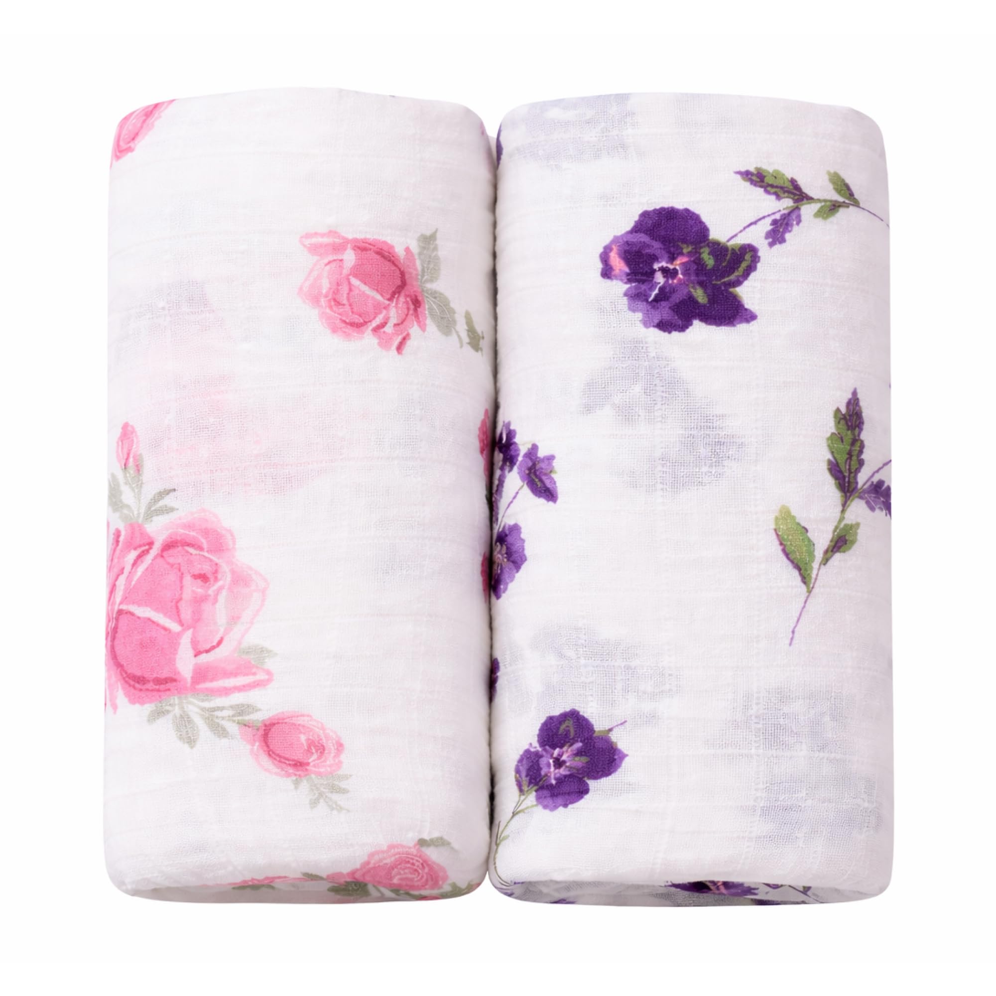 Margaux & May Muslin Baby Swaddle – 100% Cotton, Large 47” x 47” Newborn Swaddle, Soft & Breathable Muslin Swaddle Blanket, Pink and Purple Flowers