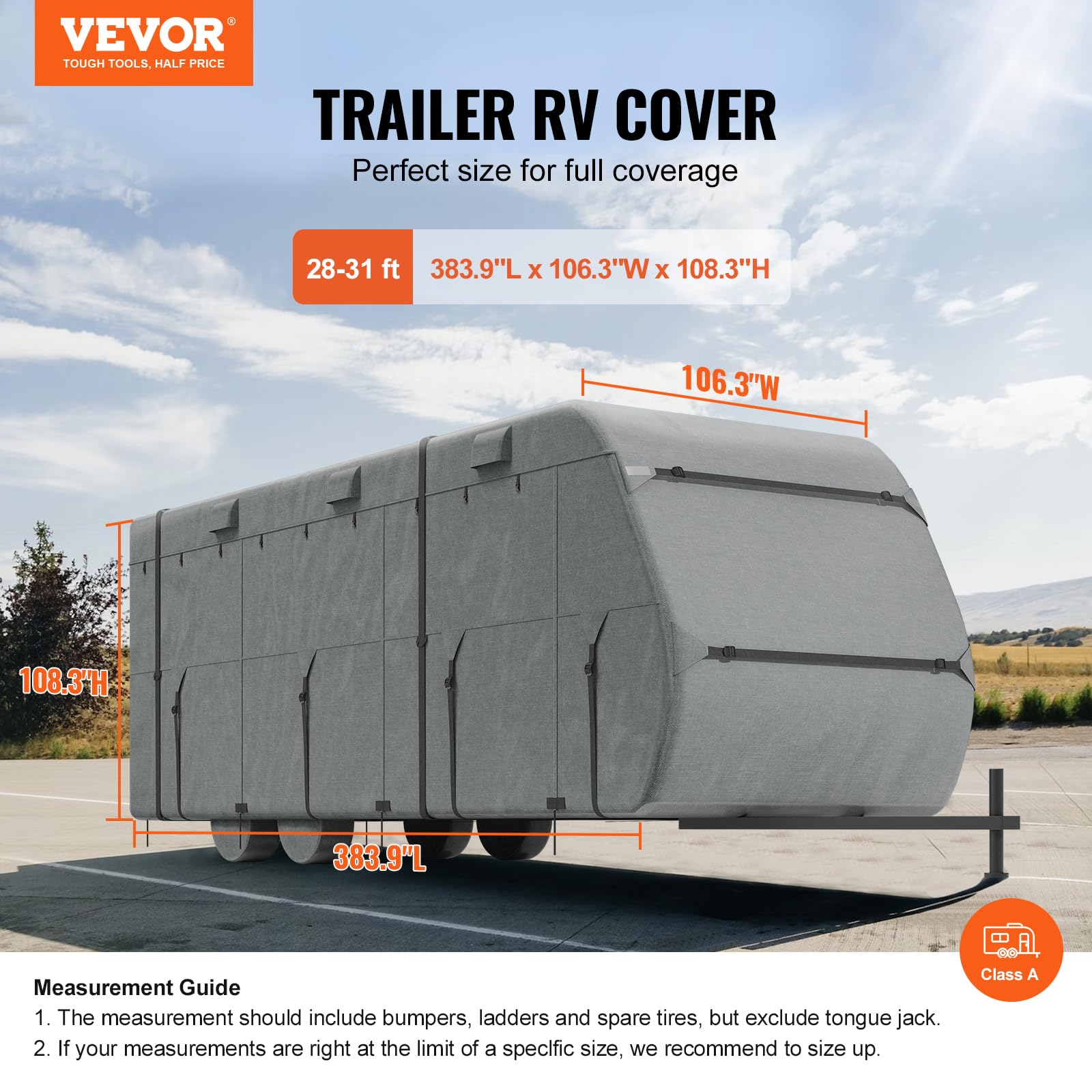 VEVOR Funda para Caravana de Tela Oxford 300D, Resistente al Viento y Antidesgarro, Clase A, con Bolsa de Almacenamiento, Parches de Reparación, Correas y Fundas de Neumáticos, 9,8 x 2,7 x 2,8 m