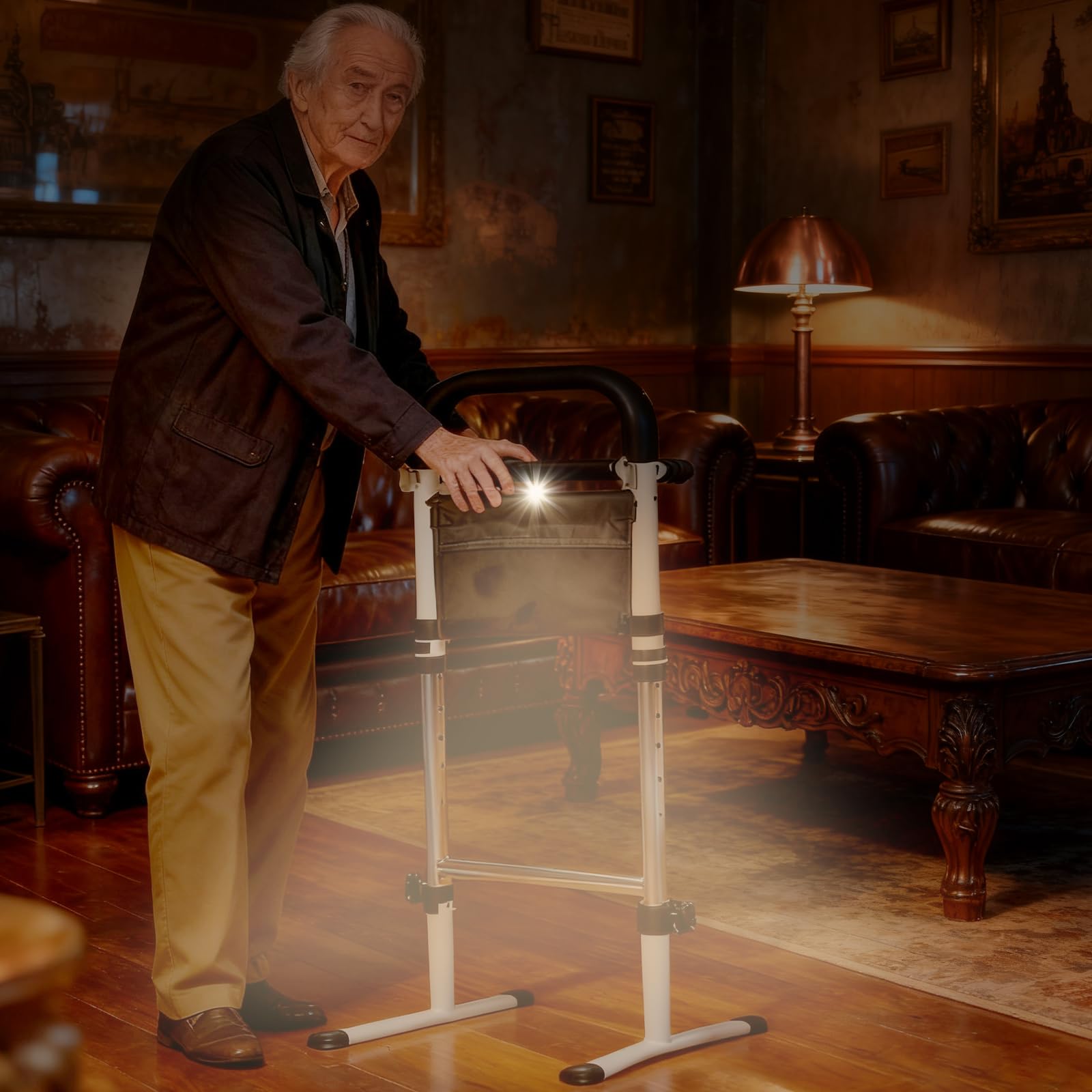 Ayuda para Levantarse y Sentarse, Soporte de Ayuda para Levantarse para Personas Mayores con Luz con Sensor y Bolsa, 5 Niveles Ajustable 75–91cm, Soporta 136 kg, para Inodoro, Sofá, Escaleras