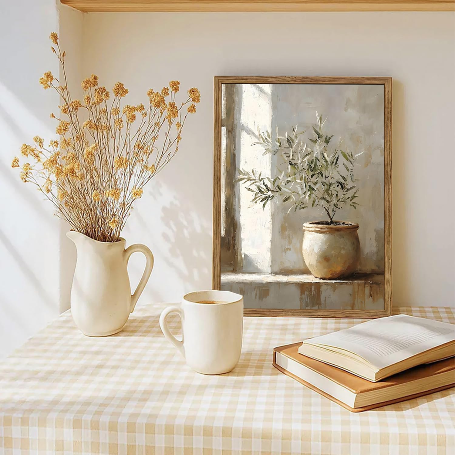 Framed Vintage Olive Tree Canvas Wall Art, Rustic Botanical Pictures Wall Decor, Neutral Potted Plant Paintings Prints Farmhouse Aesthetic Home Decor for Living Room Bedroom Kitchen 12x16 In