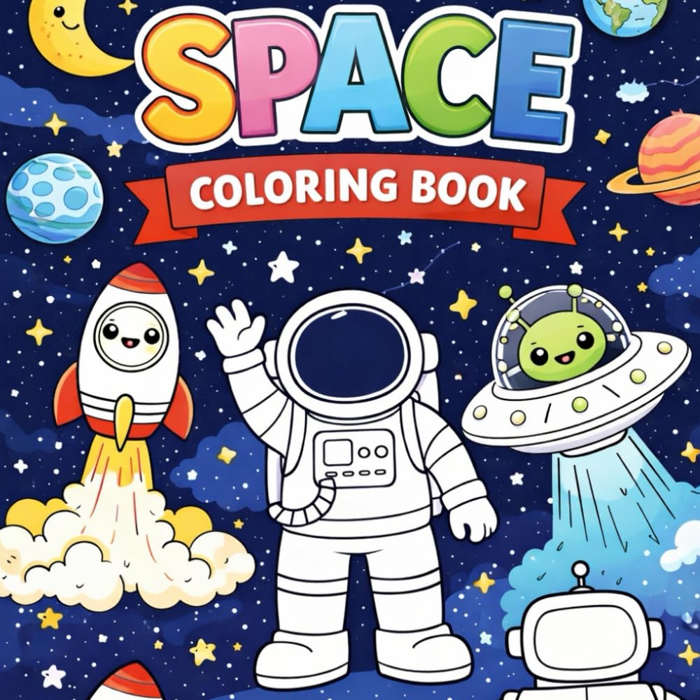 SPACE Coloring Book for Kids: Cute & Easy Space Coloring Pages with Astronauts, Rockets, Robots, and Planets