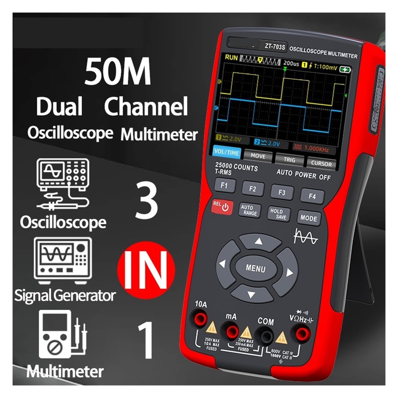 Osciloscopio Digital Osciloscopio de Doble Canal ZT-703S 3 en 1, multímetro 50 MHz 280 y Herramienta Forma Onda