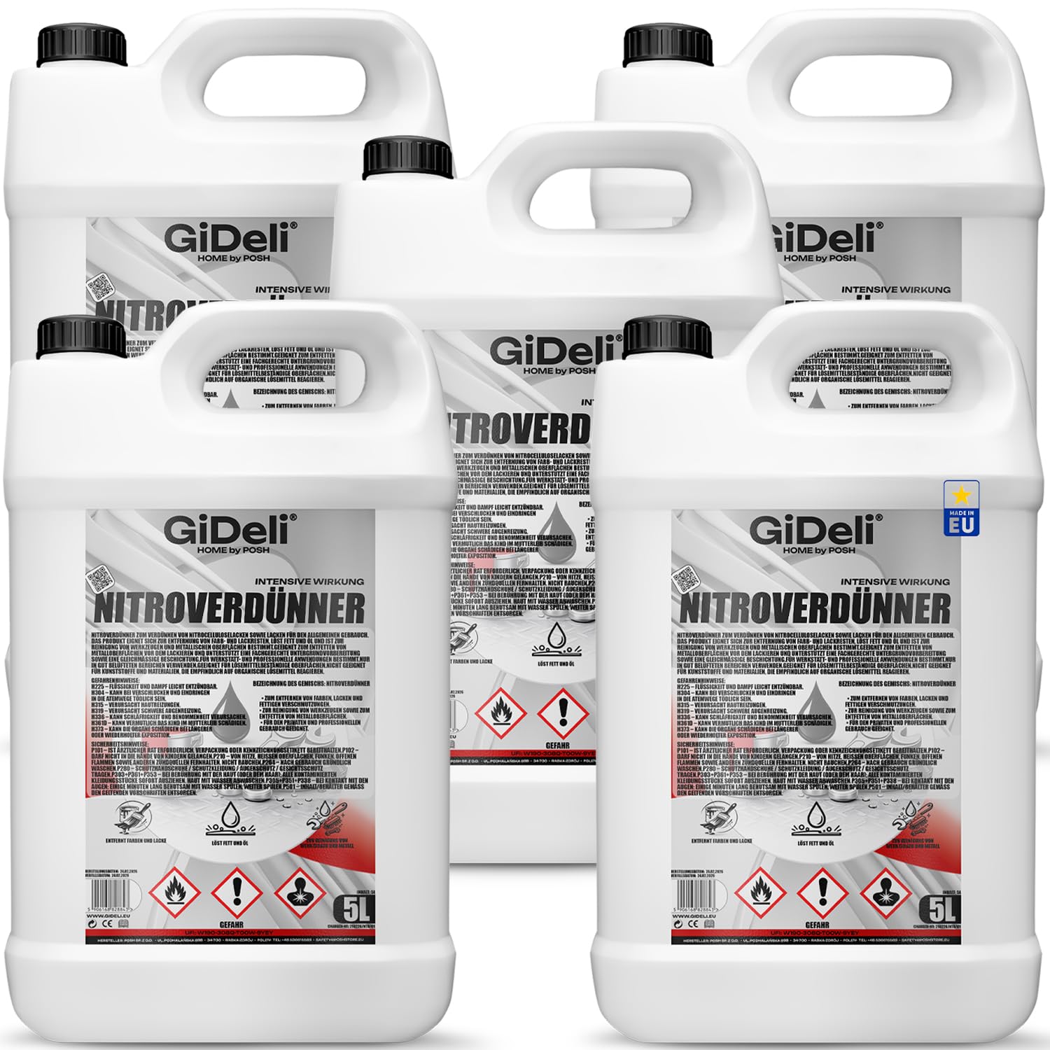 GiDeli Nitroverdünner 5 x 5L - Leistungsstarke Universeller Nitroverdünnung zum Reinigen von Pinseln und Malwerkzeugen - für Farben und Lacke - für Werkstatt- und Renovierungsarbeiten