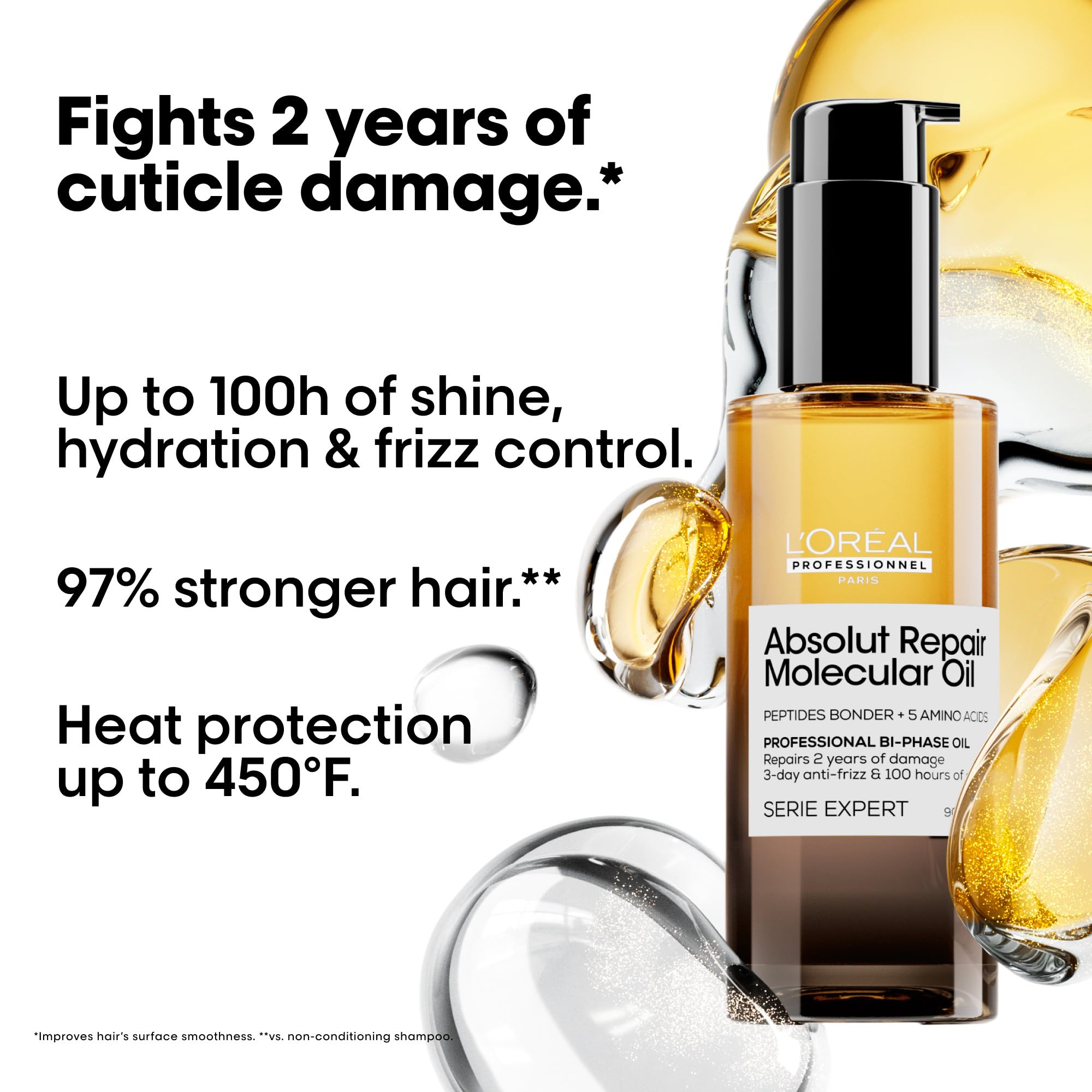 L'OREAL PROFESSIONAL - Absolut Repair Molecular dwufazowy olejek do włosów - usuwanie bez spłukiwania - naprawia 2 lata uszkodzeń - +125% połysku - włosy suche i zniszczone - 90 ml