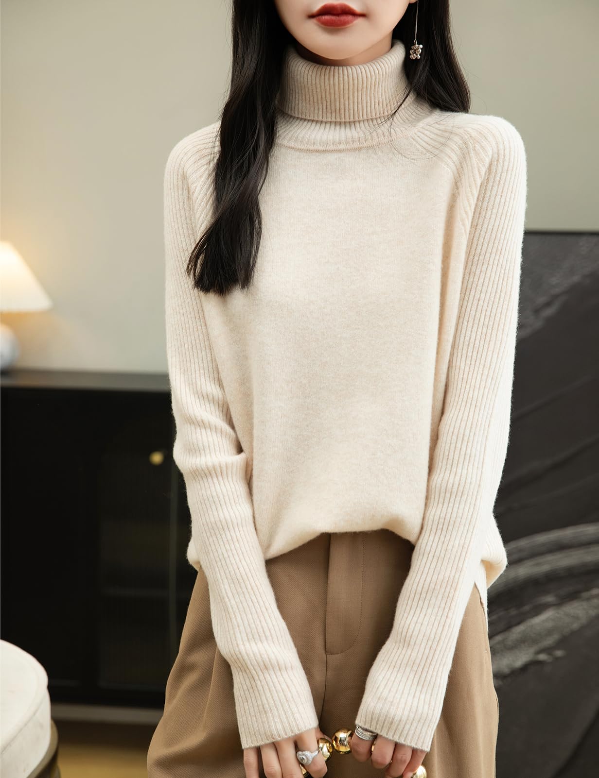 Chanyarn 100% Lain Merino Pulls Femmes Tricot Manche Longues col Haut Vintage Pullover Basique pour Automne Hiver