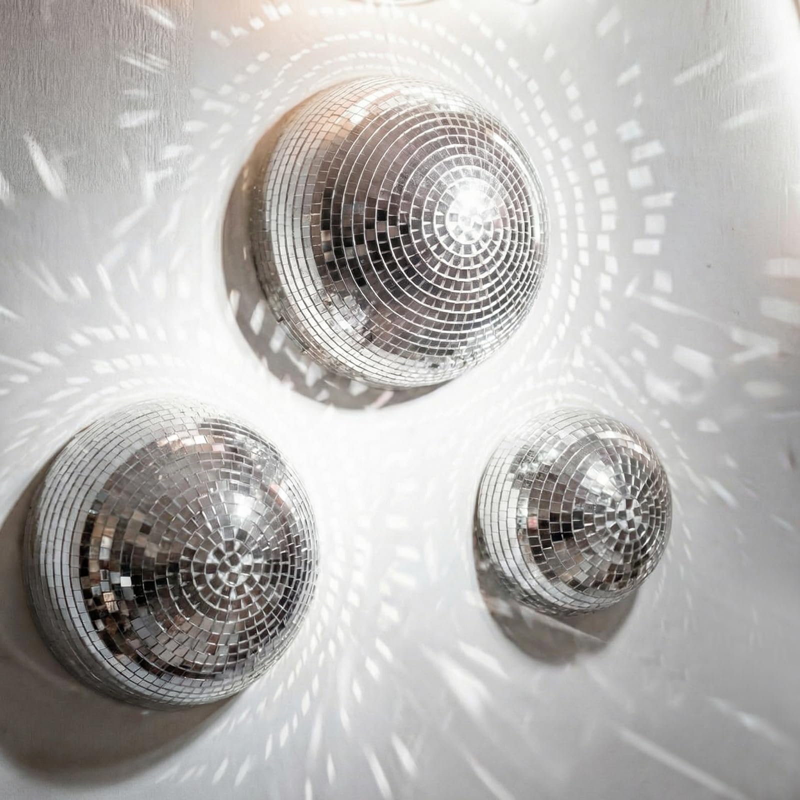 Photo 1 of Singhoow 3 Pack Disco Ball Wall Decor 8/6/4 Inch 3D Half-Disco Ball Reflective Mirror Wall Art Self-Adhesive Aesthetic 70s 80s Sparkling Funky Party Decorations for Home Bedroom Birthday, Silver