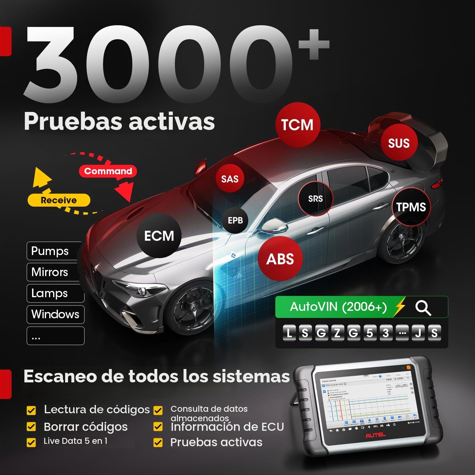 Autel MaxiCOM MK808S-TS Scanner, TPMS Completa Comprobar/Activar/Reaprender, MX-Sensores de Programación, BT Sistemas de Diagnóstico Completo, Prueba Activa, 28+ Servicios, AutoAuth para FCA SGW
